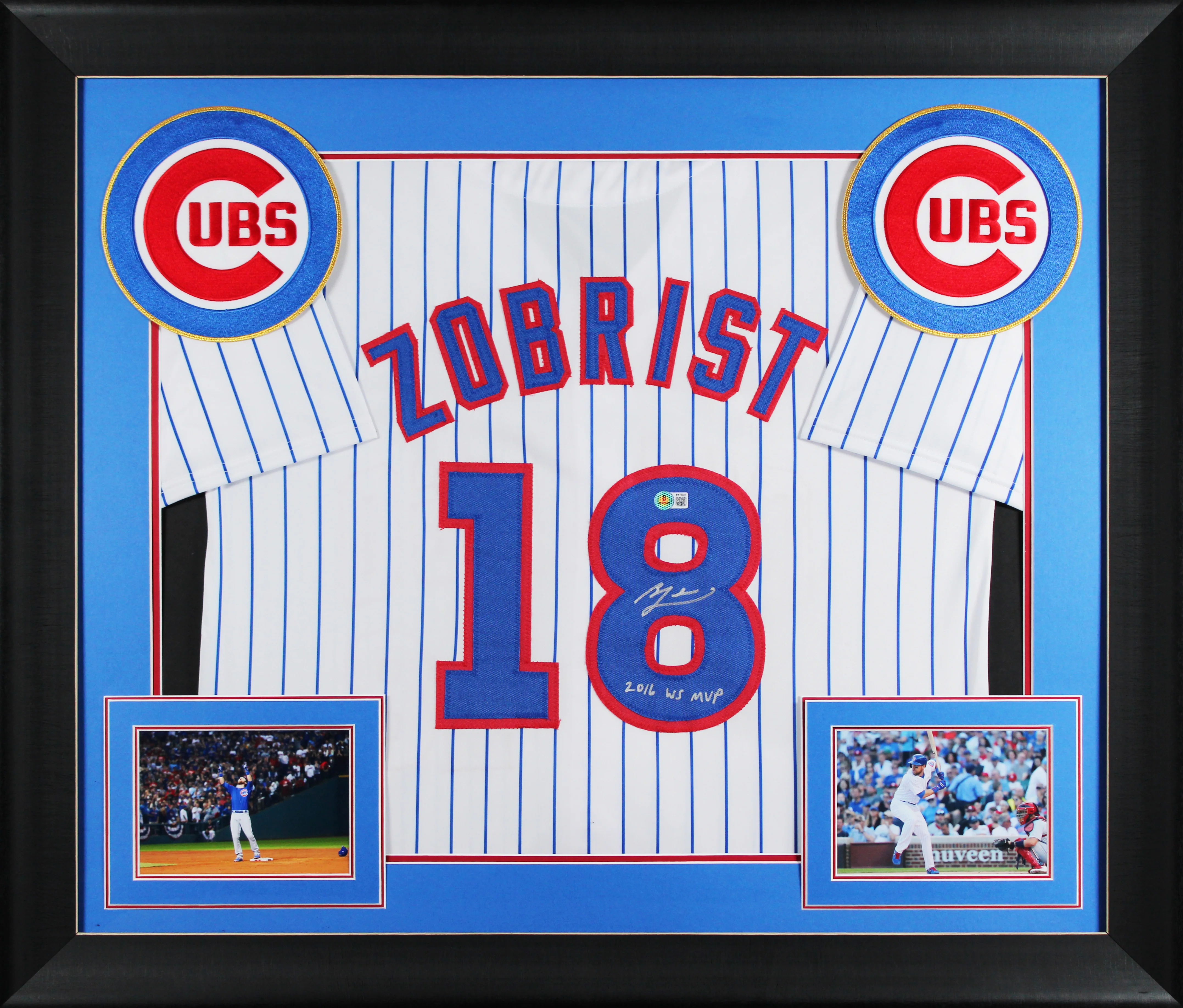 Ben Zobrist "16 WS MVP" Signed White Pinstripe Pro Style Framed Jersey BAS
