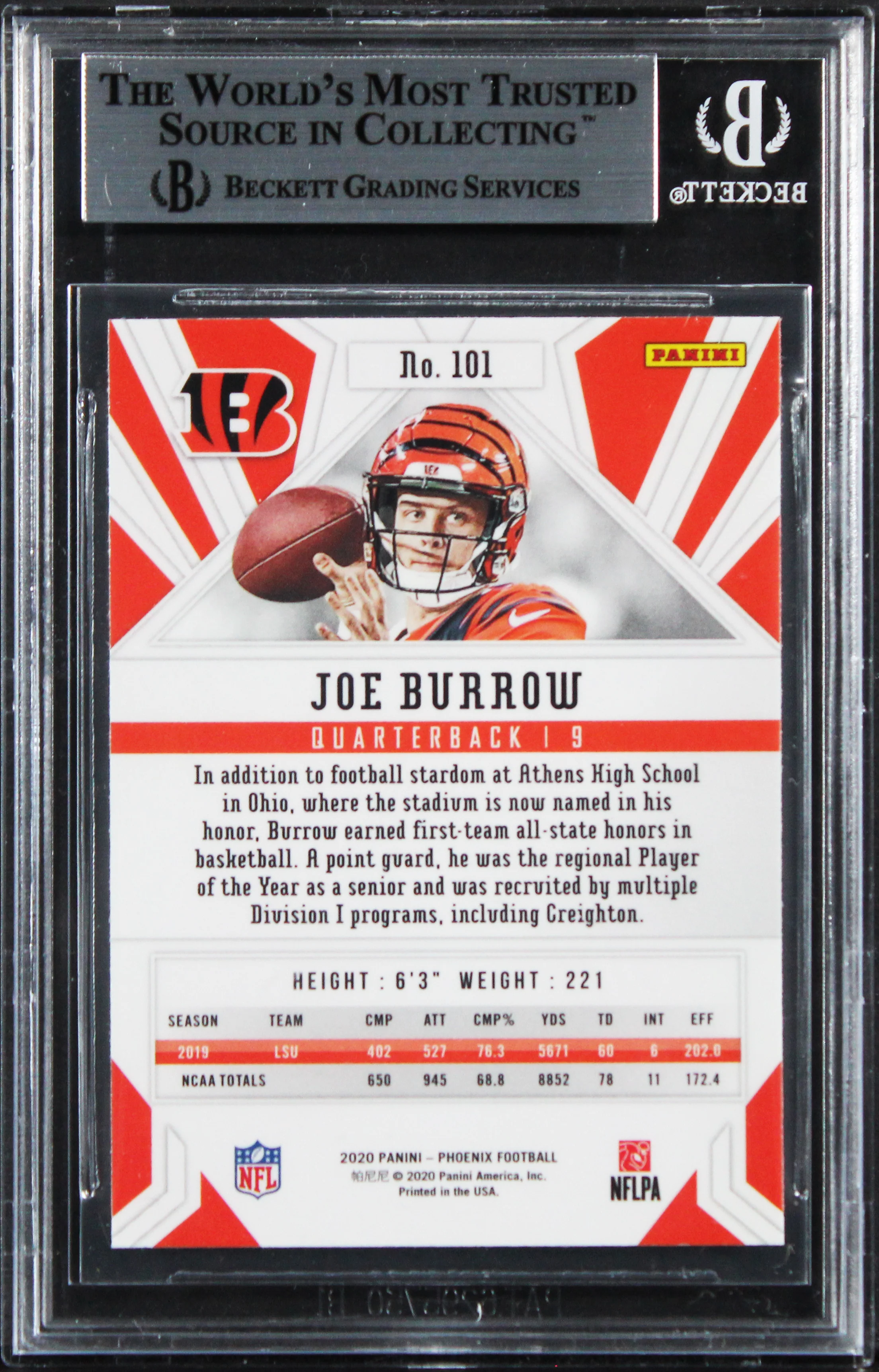 Bengals Joe Burrow Authentic Signed 2020 Panini Phoenix #101 Card BAS Slabbed - Image 3
