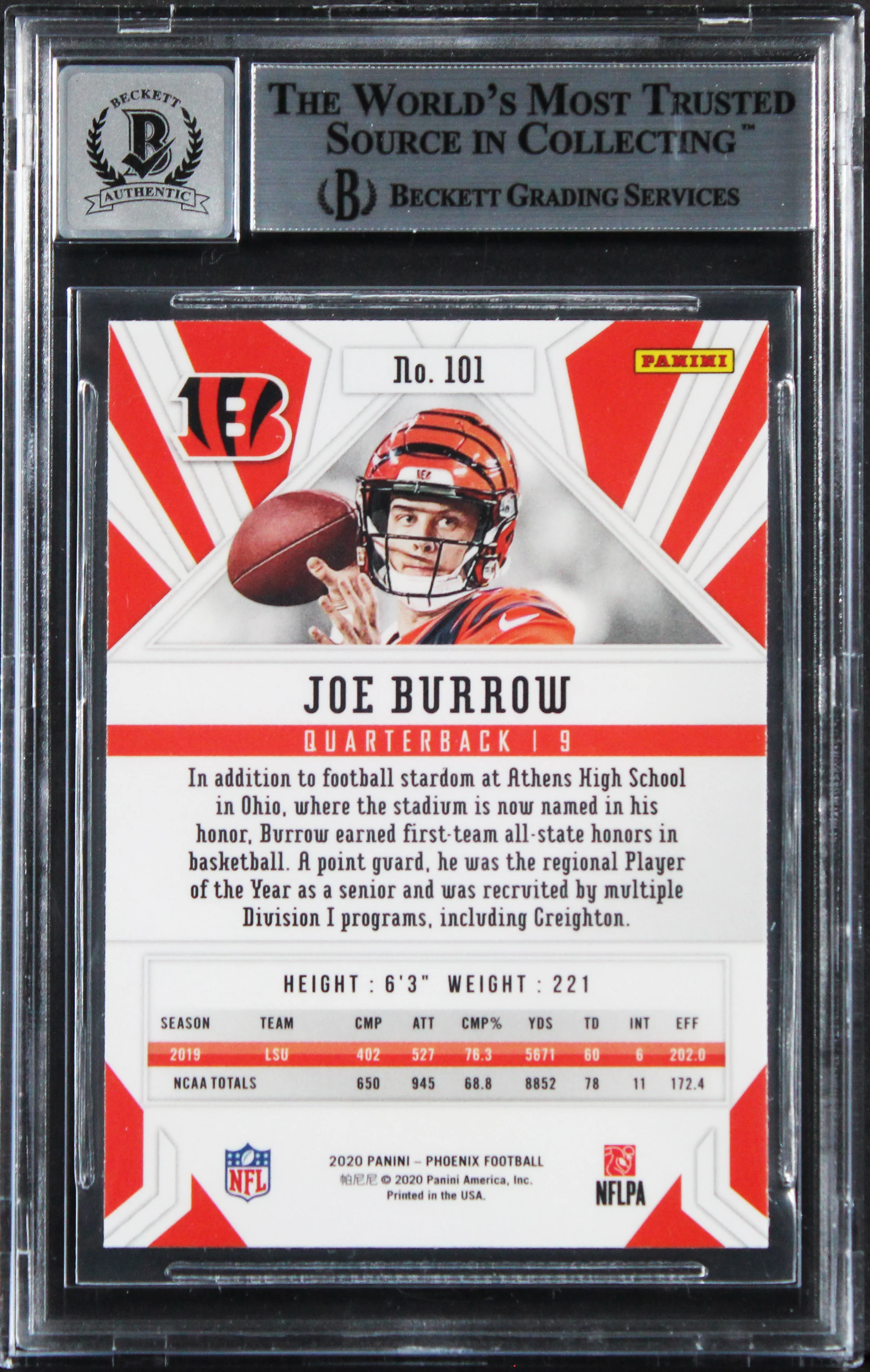 Bengals Joe Burrow Signed 2020 Panini Phoenix #101 Card Auto GM 10! BAS Slabbed - Image 3