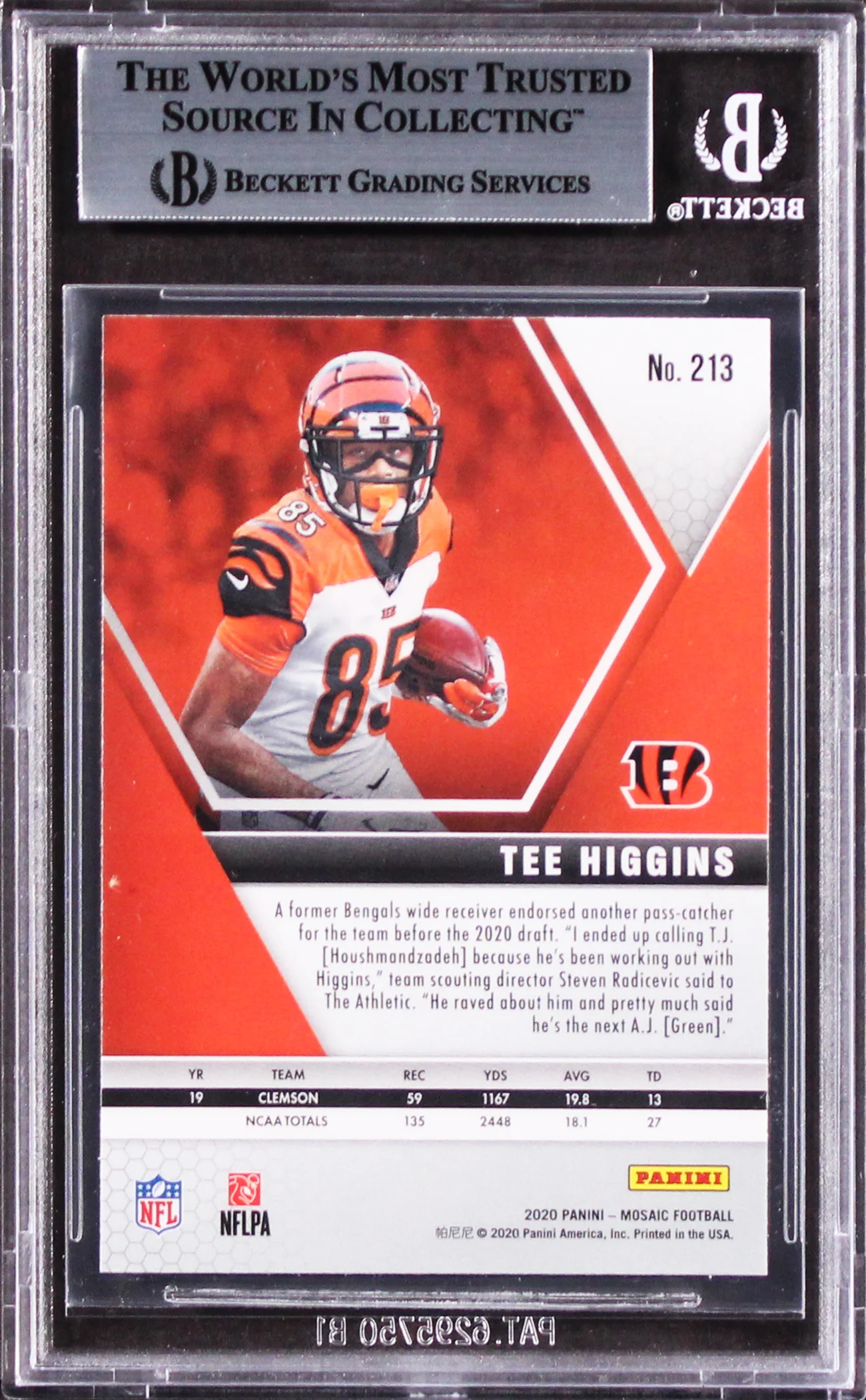 Bengals Tee Higgins Signed 2020 Panini Mosaic #213 Rookie Card BAS Slabbed - Image 3