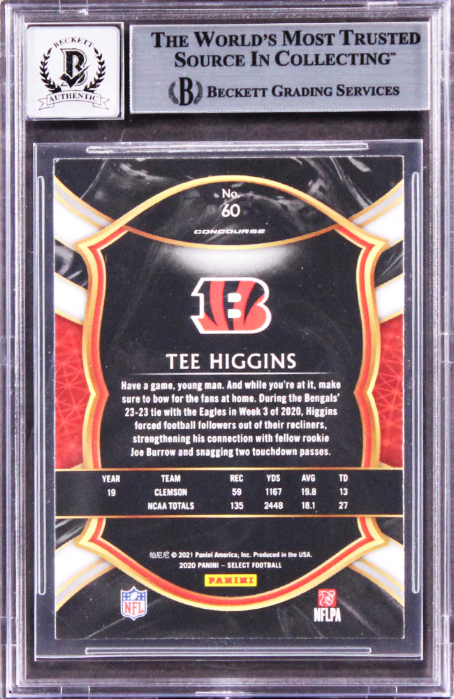 Bengals Tee Higgins Signed 2020 Select #60 Rookie Card Auto 10! BAS Slabbed - Image 3