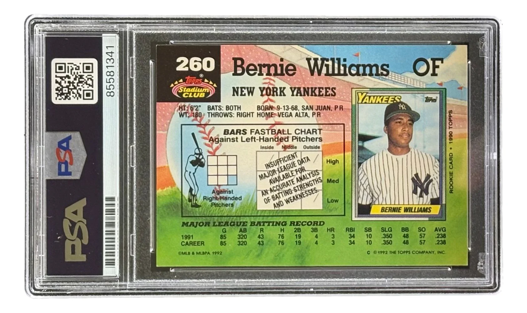 Bernie Williams Signed 1992 Topps Stadium Club #260 Yankees Trading Card PSA - Image 2