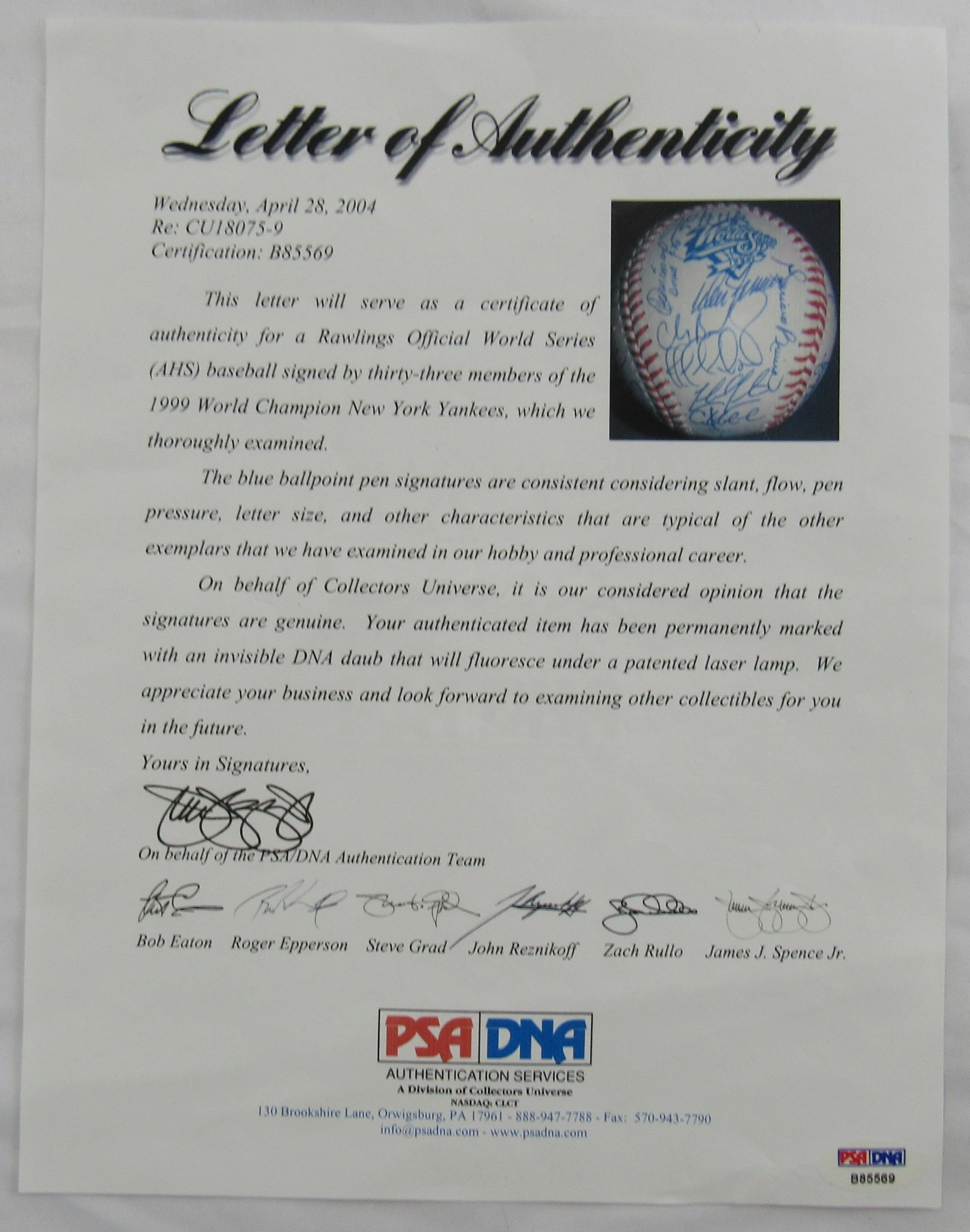 1999 New York Yankess Team Signed Rawlings Baseball PSA/DNA LOA B85569 Derek Jeter - Image 8