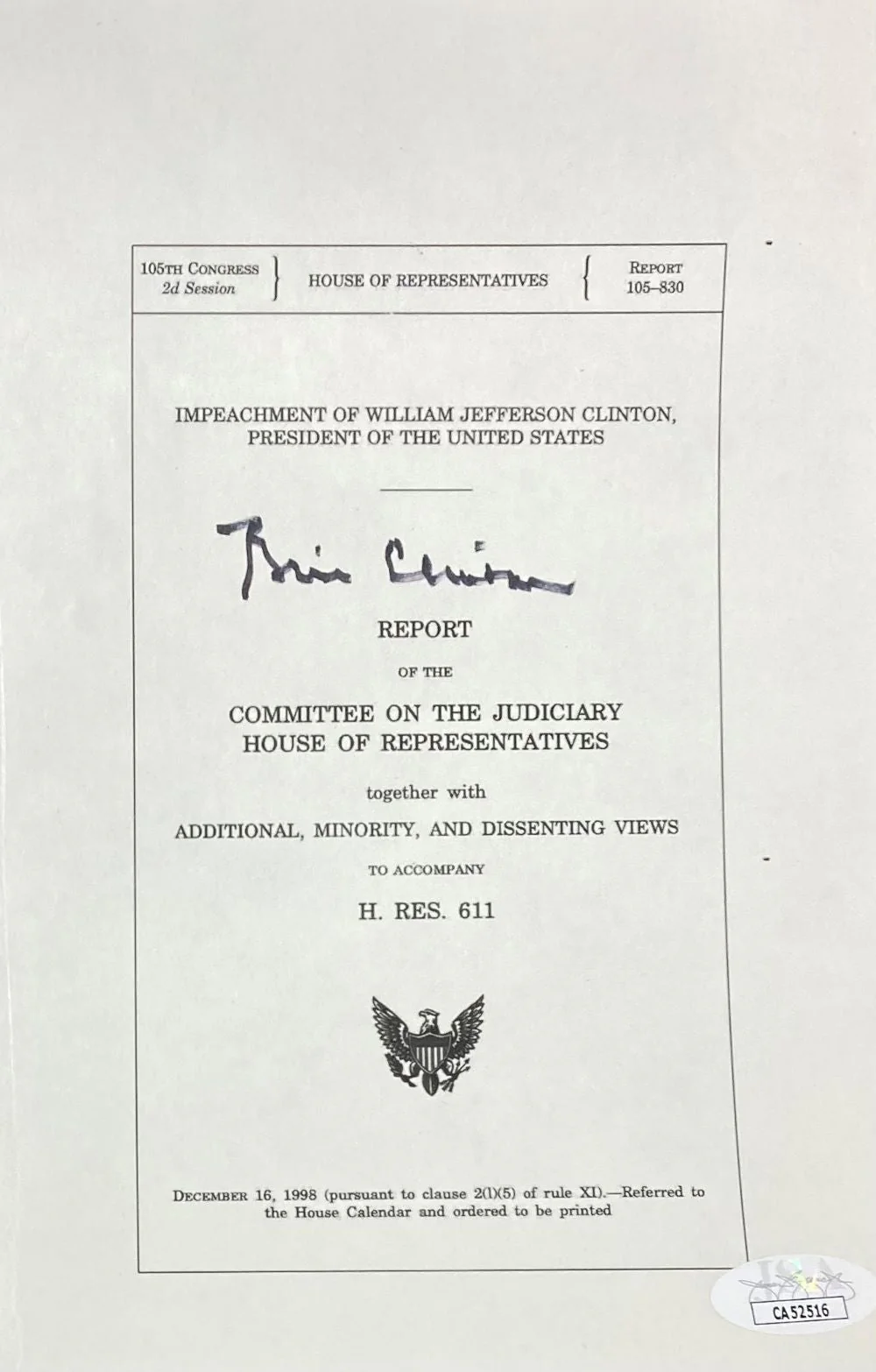 Bill Clinton Signed Autographed Political 5x8 Impeachment Letter JSA