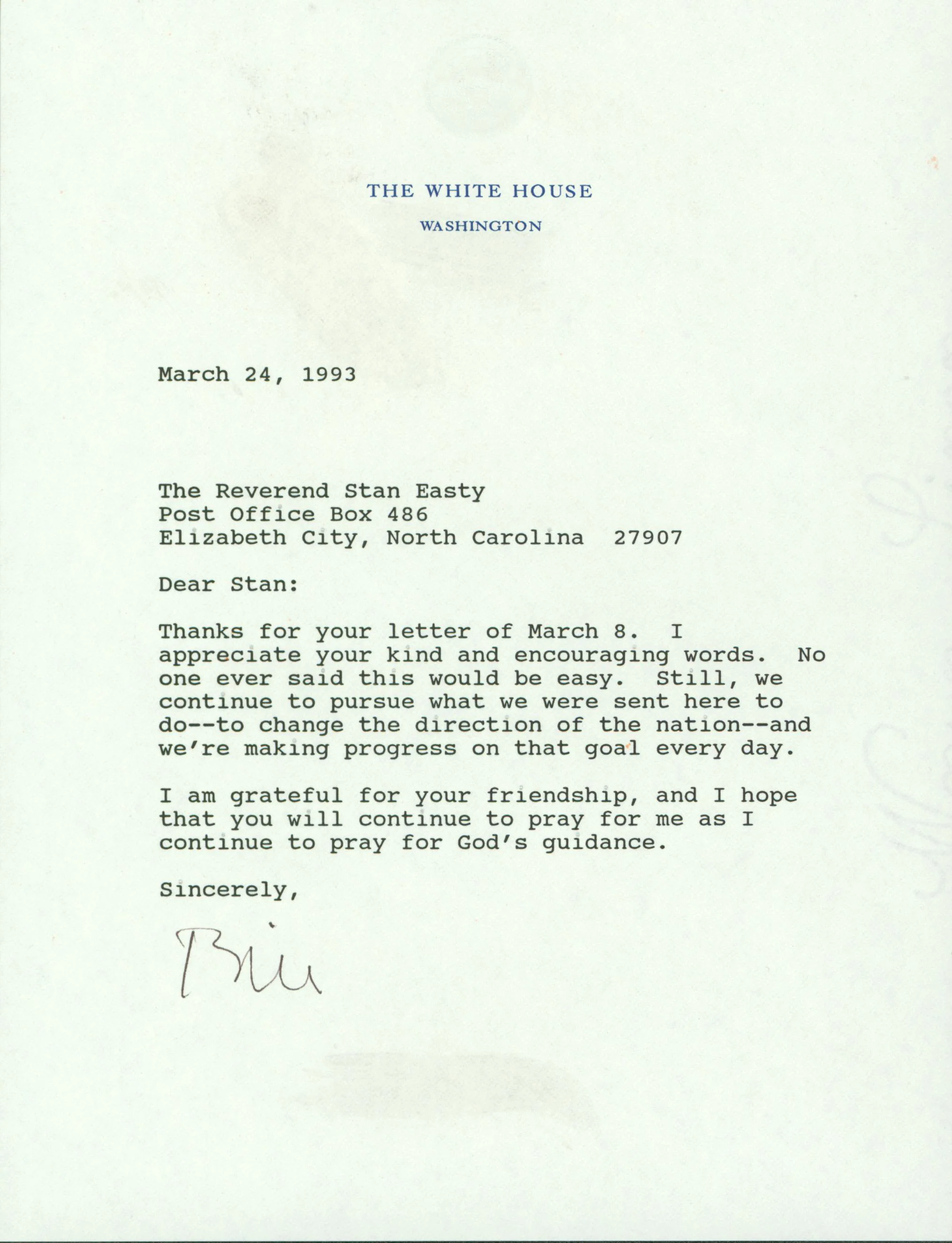 Bill Clinton Signed 6.75x9 1993 Typed Letter On WH Letterhead BAS #AB14597