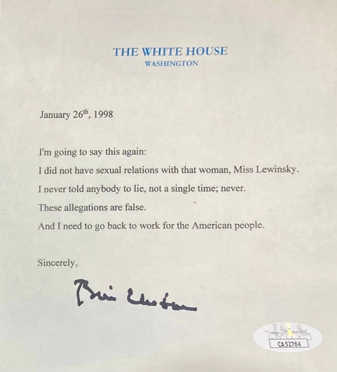 Bill Clinton Signed In Black 5x6 Mock White House Letter Monica Lewinsky JSA