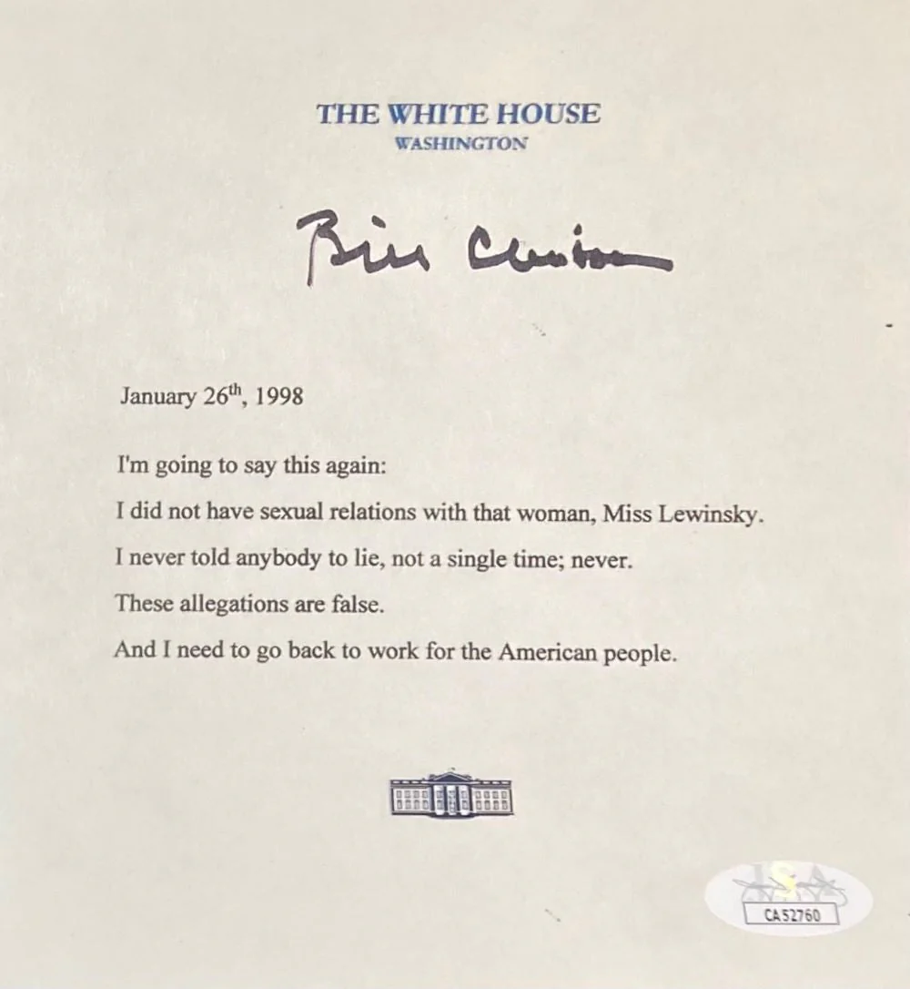 Bill Clinton Autographed In Black Mock White House Letter Monica Lewinsky 6x6 JSA