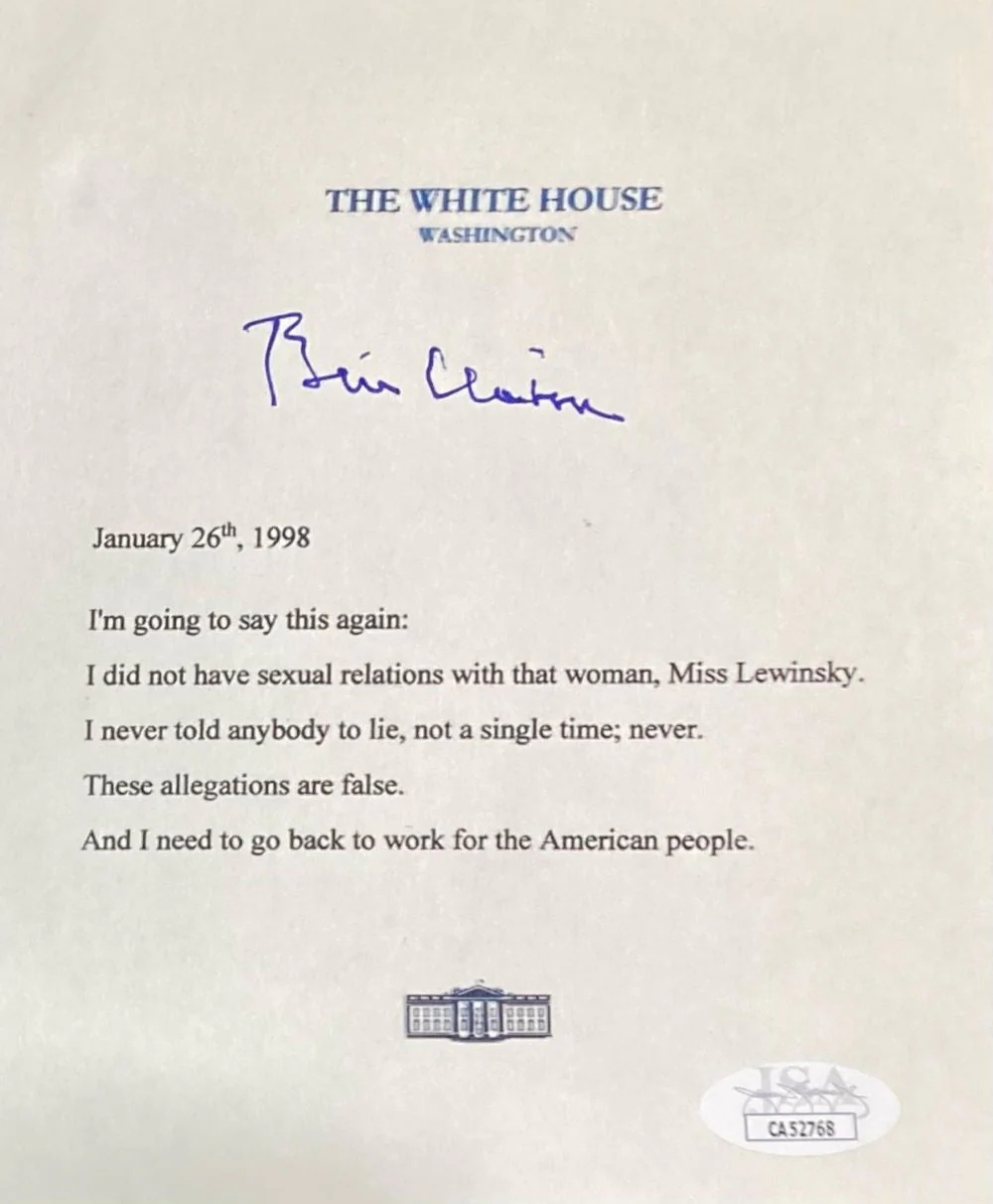 Bill Clinton Signed Mock White House Letter Monica Lewinsky 6x6 JSA