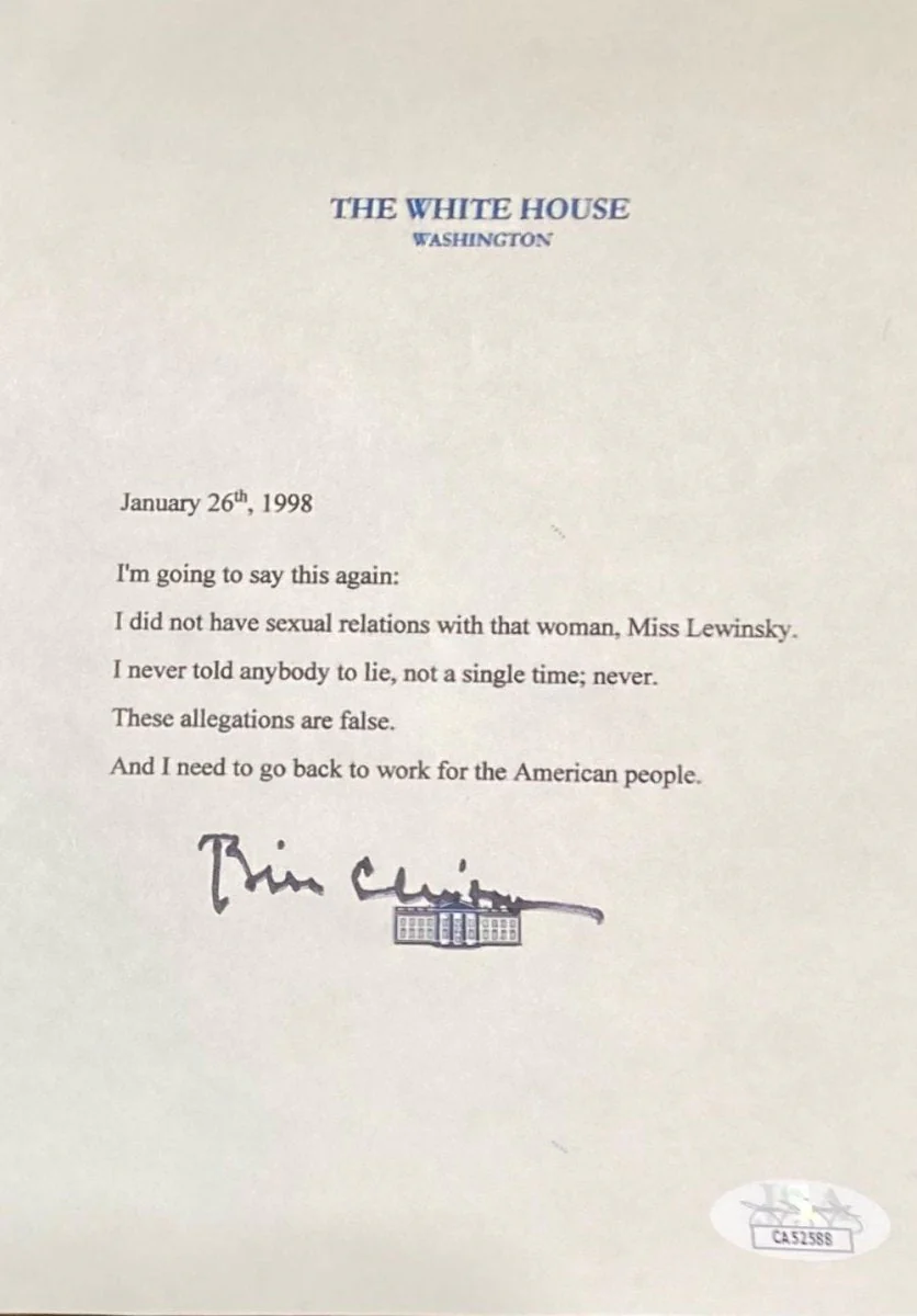 Bill Clinton Signed on Bottom Mock White House Logo Statement Lewinsky JSA