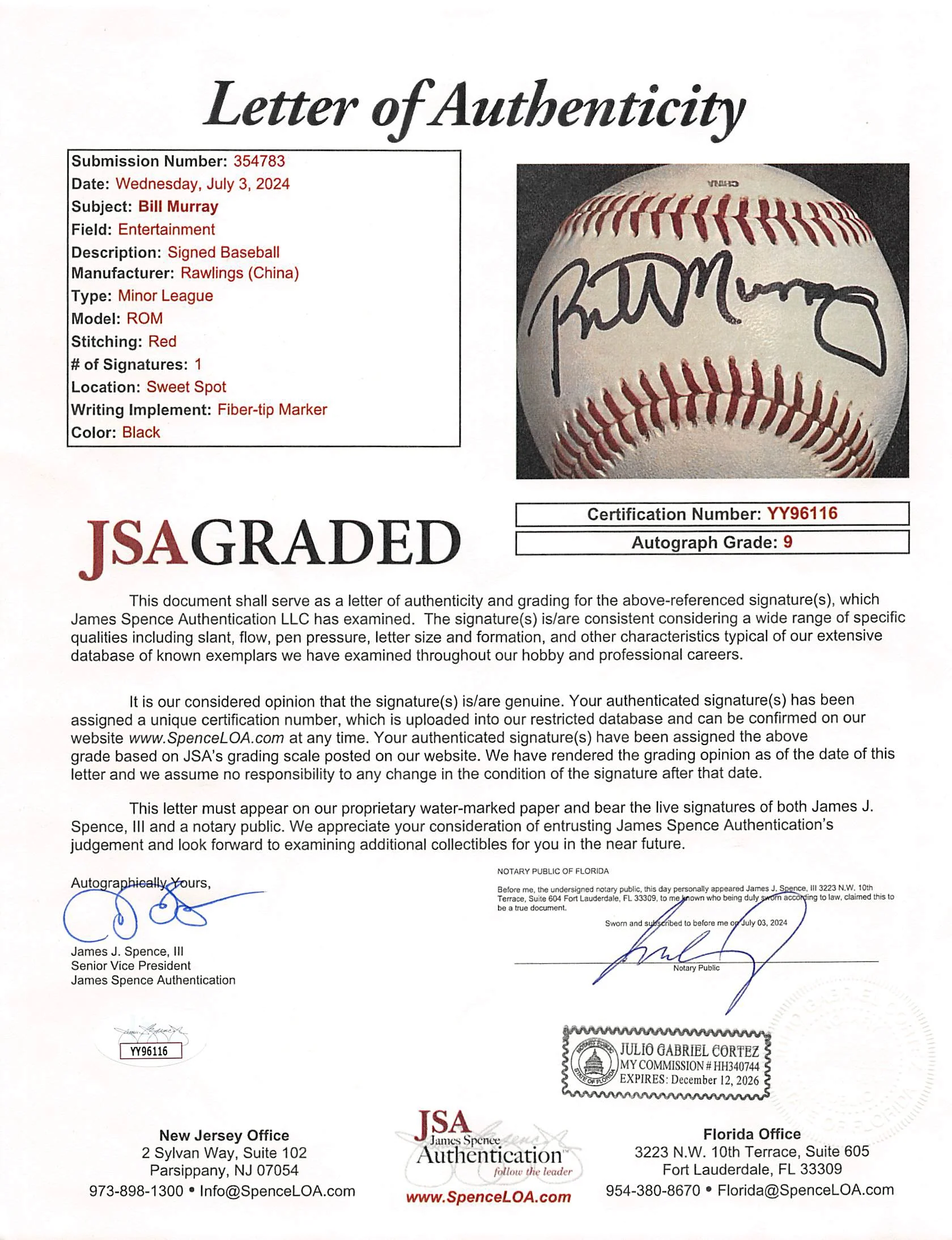 Bill Murray Caddyshack Authentic Signed Rawlings Baseball Auto 9! JSA #YY96116 - Image 9