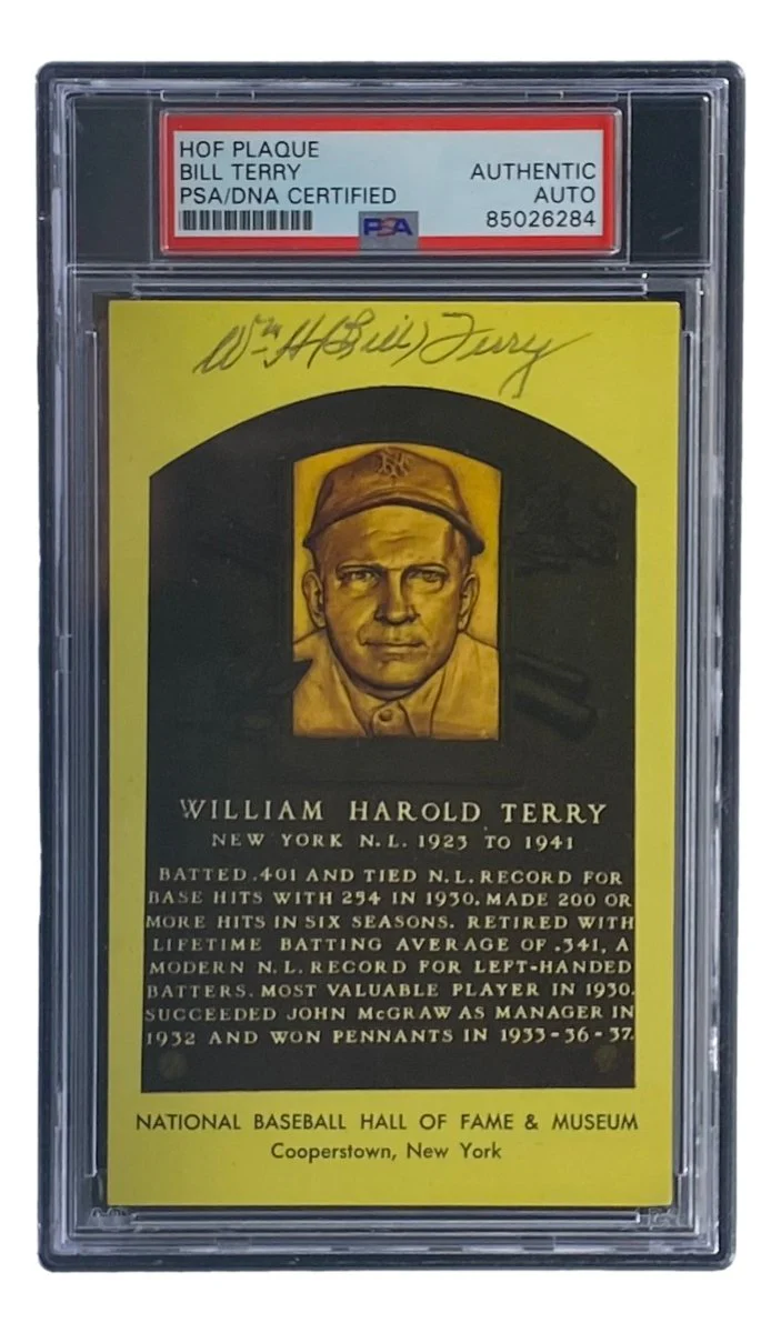 Bill Terry Signed 4x6 New York Giants Hall Of Fame Plaque Card PSA/DNA 85026284