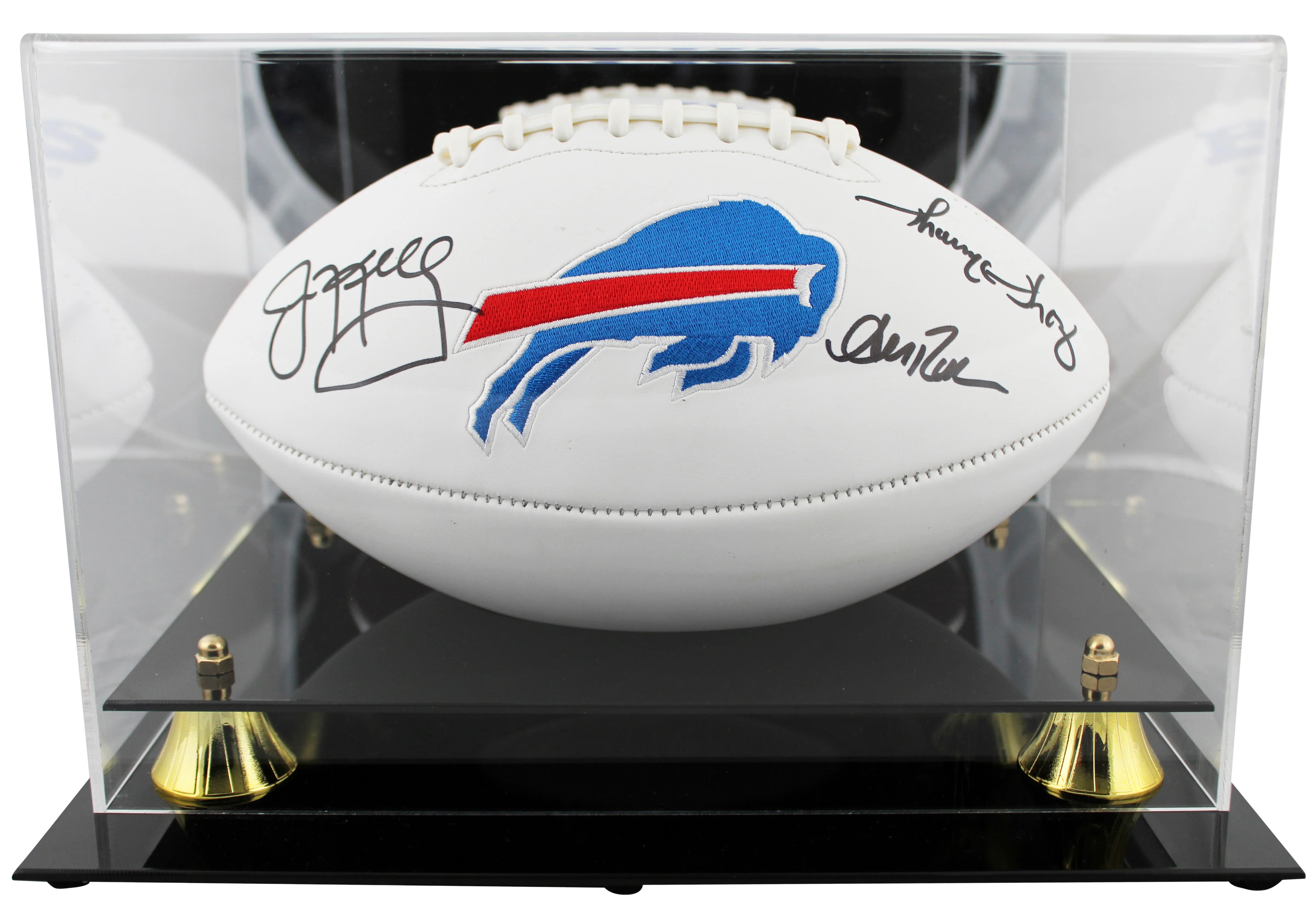 Bills (3) Reed, Kelly & Thomas Signed White Panel Logo Football W/ Case BAS Wit - Image 2