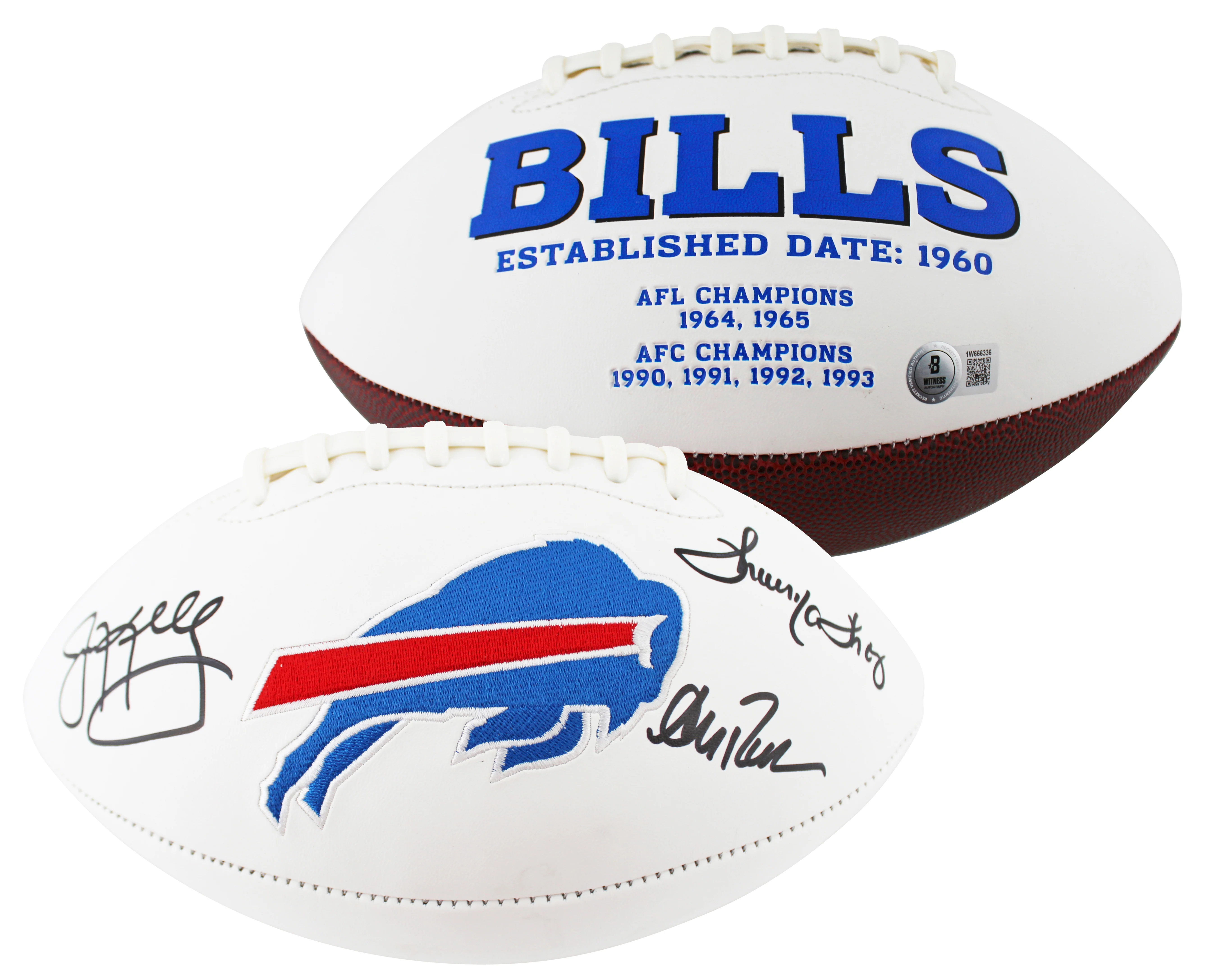 Bills (3) Reed, Kelly & Thomas Signed White Panel Logo Football W/ Case BAS Wit - Image 3
