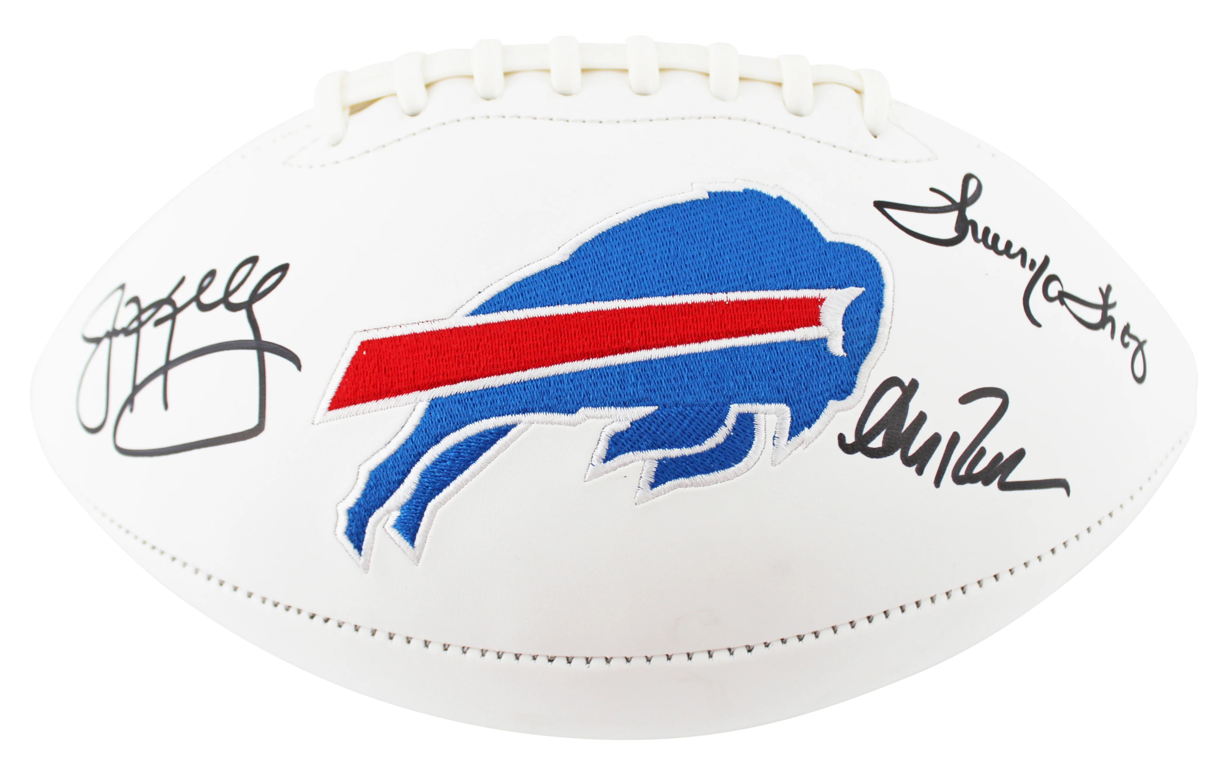 Bills (3) Reed, Kelly & Thomas Signed White Panel Logo Football W/ Case BAS Wit - Image 4