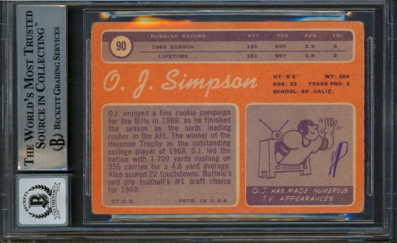Bills O.J. Simpson "2x Insc" Signed 1970 Topps #90 Card Auto Graded 10! BAS Slab - Image 3