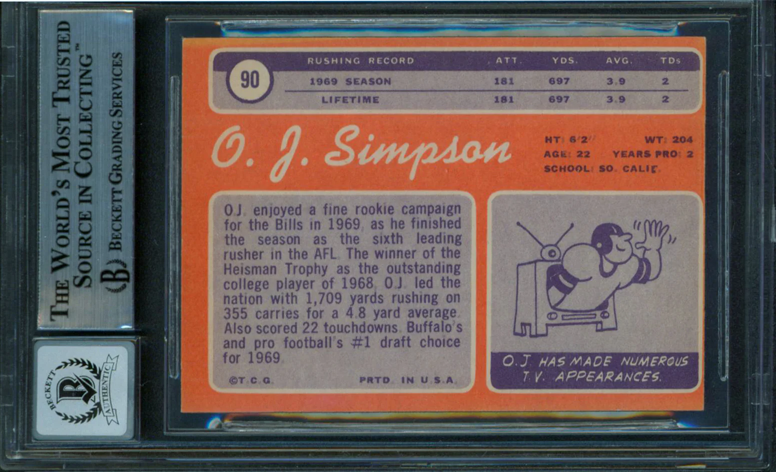 Bills O.J. Simpson "2x Insc" Signed 1970 Topps #90 Card Auto Graded 10! BAS Slab - Image 3