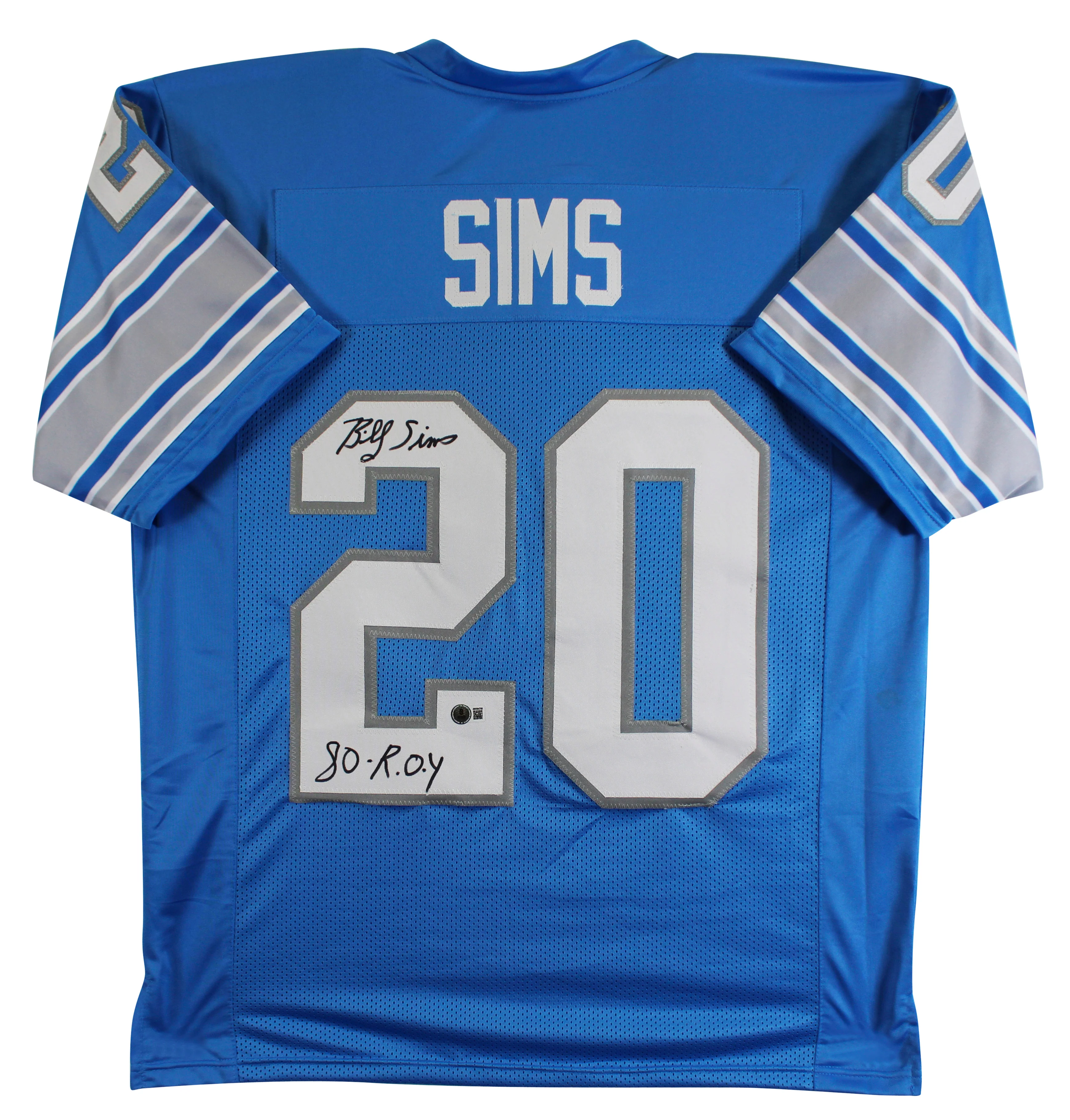 Billy Sims "80 ROY" Authentic Signed Blue Pro Style Jersey BAS Witnessed - Image 2