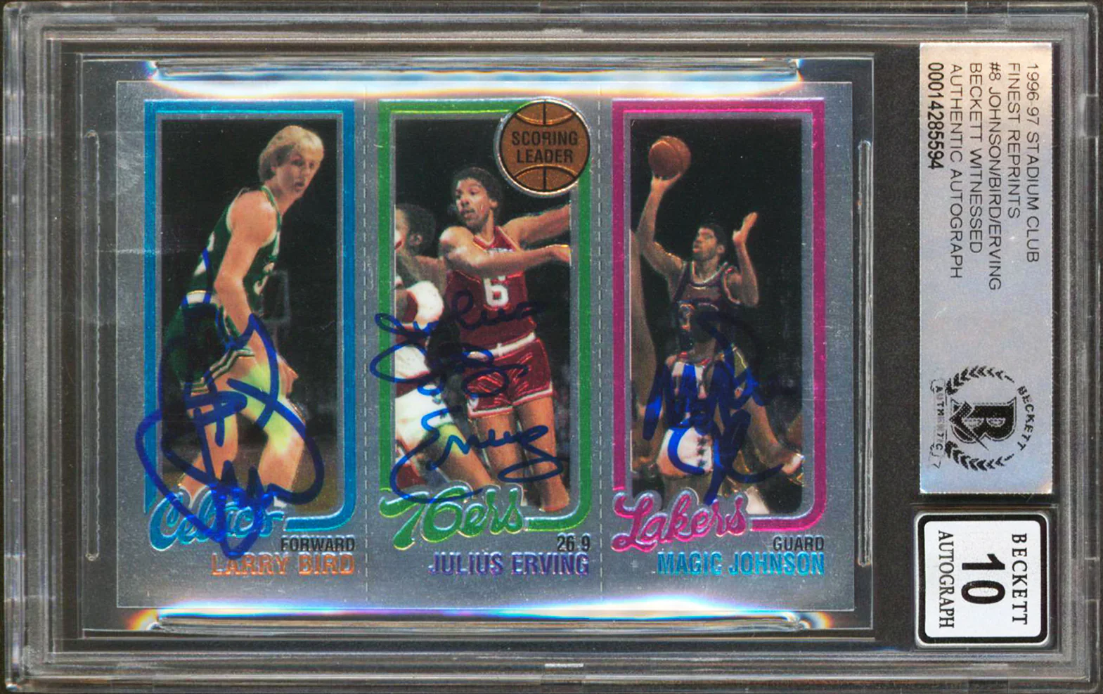 Bird, Erving & Magic Signed 1996 Stadium Club Finest Card Autos 10! BAS Slabbed - Image 2