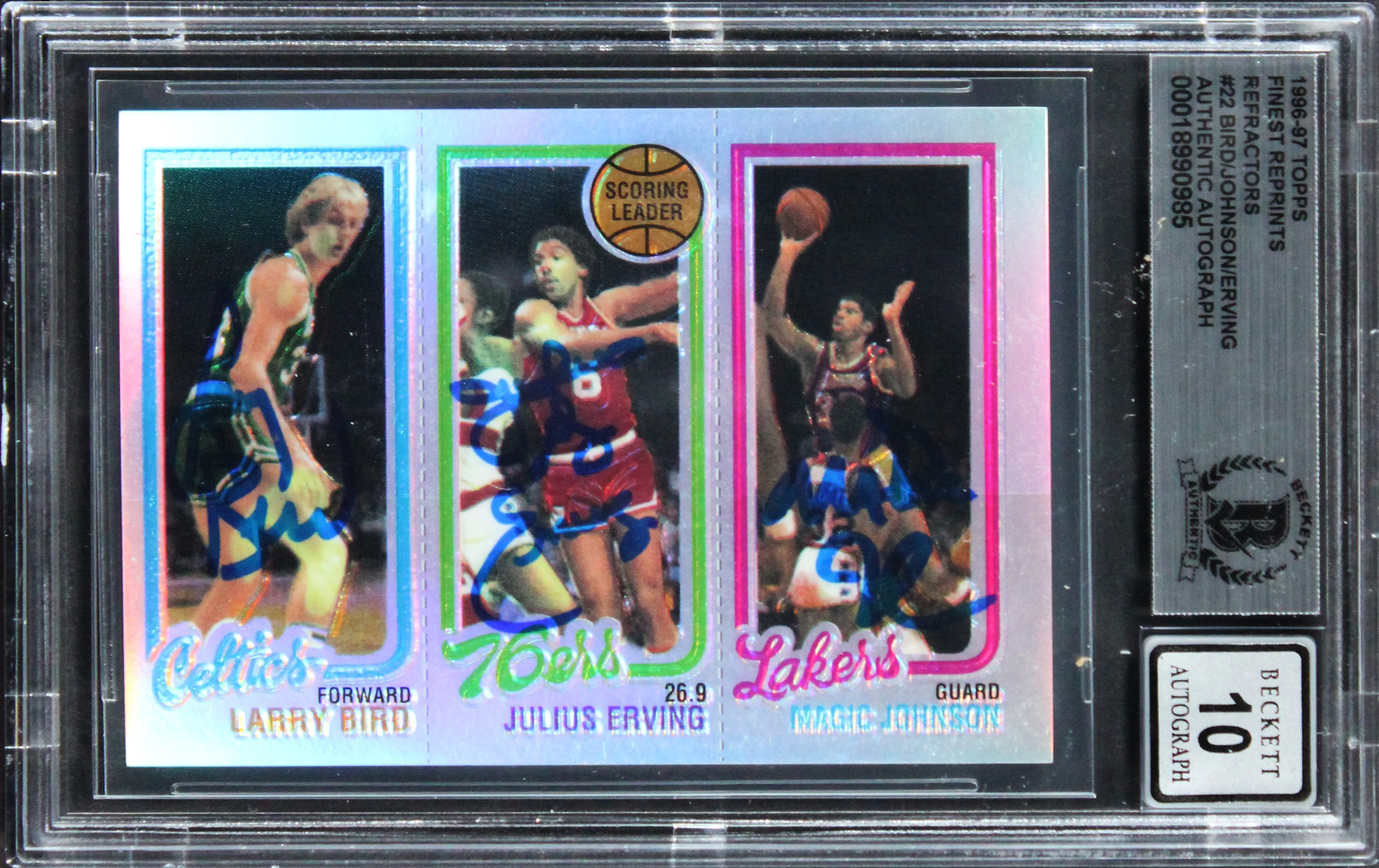 Bird/Erving/Magic Signed 1996 Topps Finest Refractors #22 Card Auto 10 BAS Slab - Image 2
