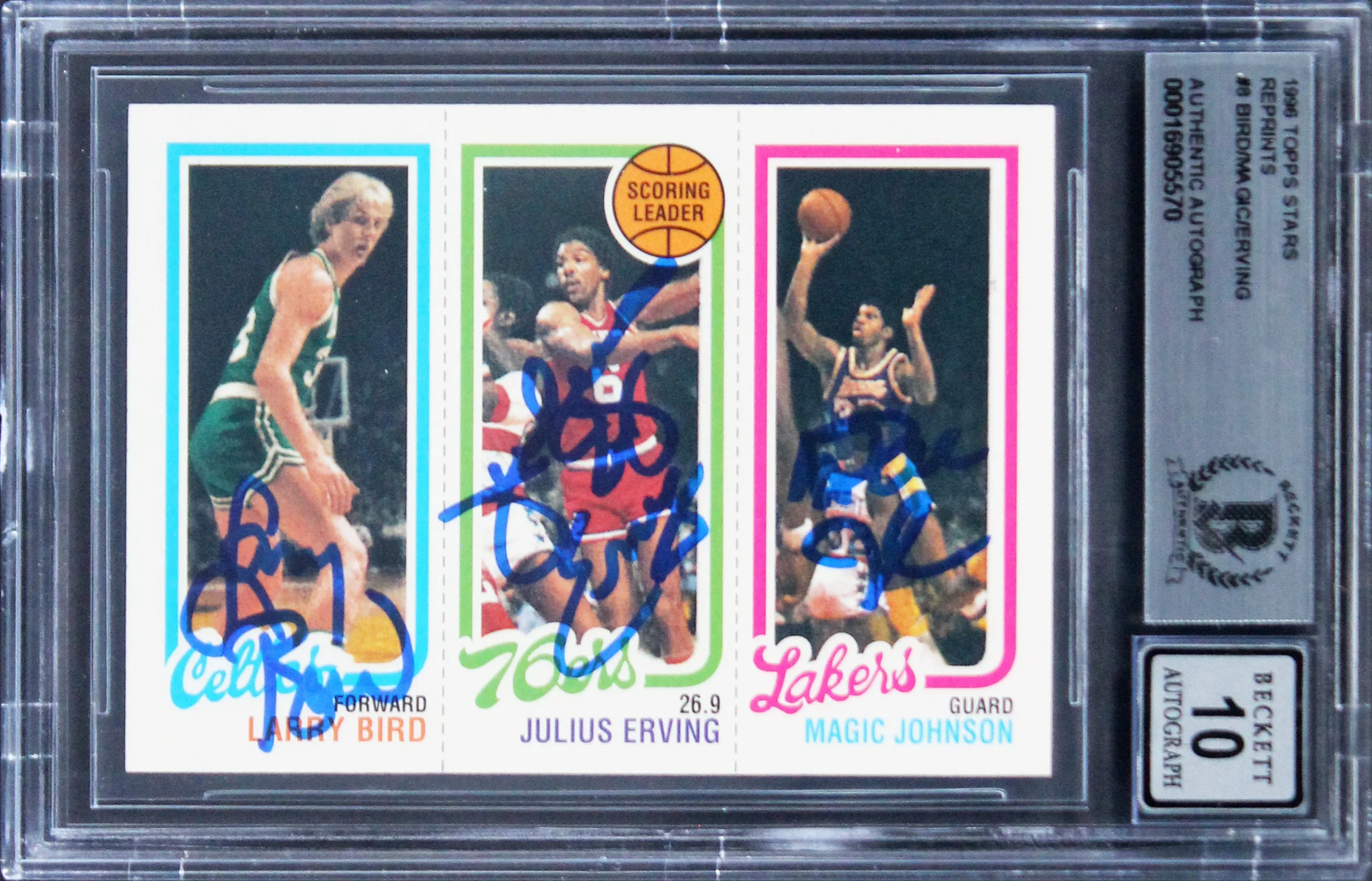 Bird, Erving & Magic Signed 1996 Topps Stars Reprints #8 Card Auto 10 BAS Slab 1 - Image 2