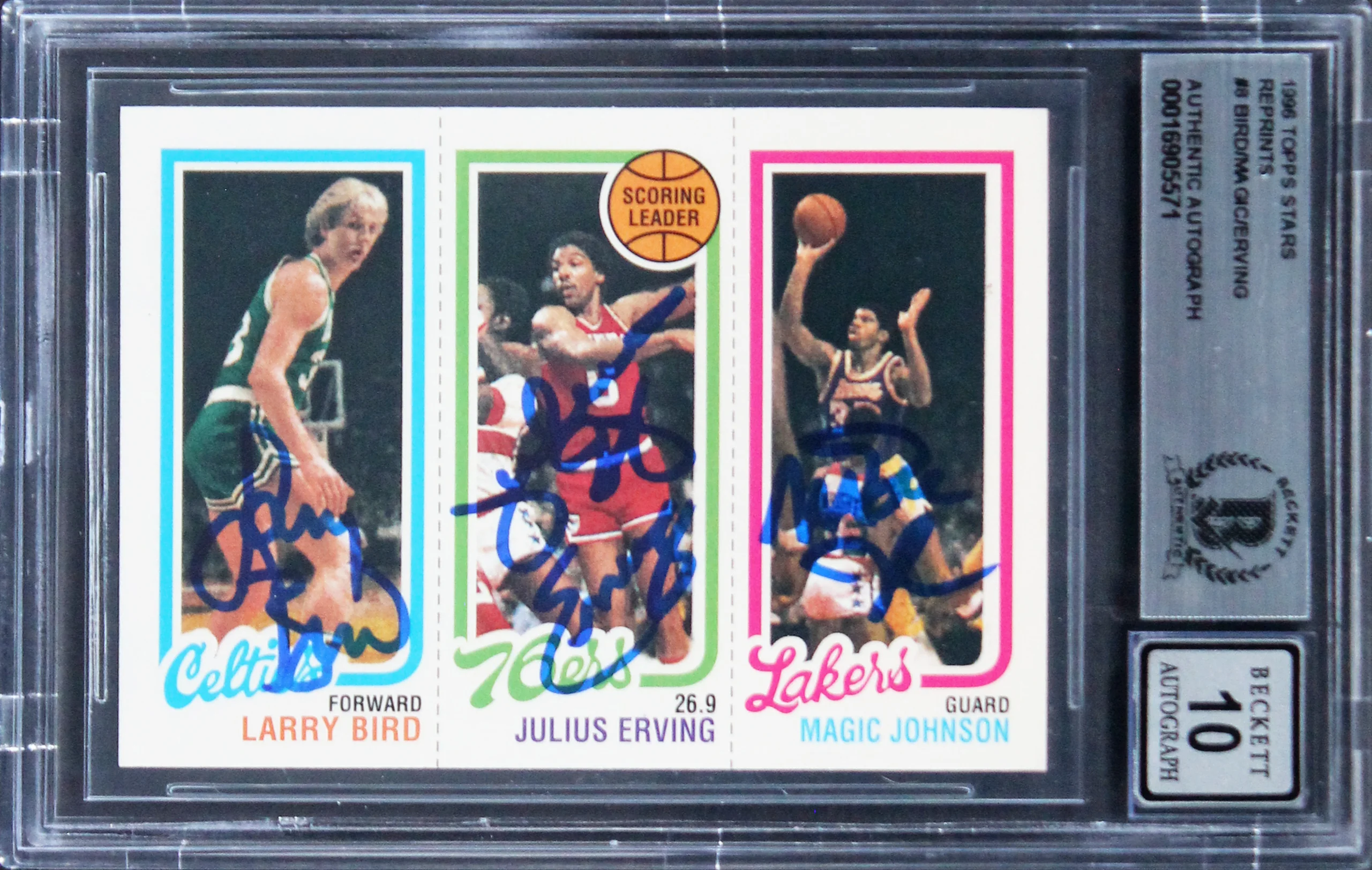Bird, Erving & Magic Signed 1996 Topps Stars Reprints #8 Card Auto 10 BAS Slab 2 - Image 2