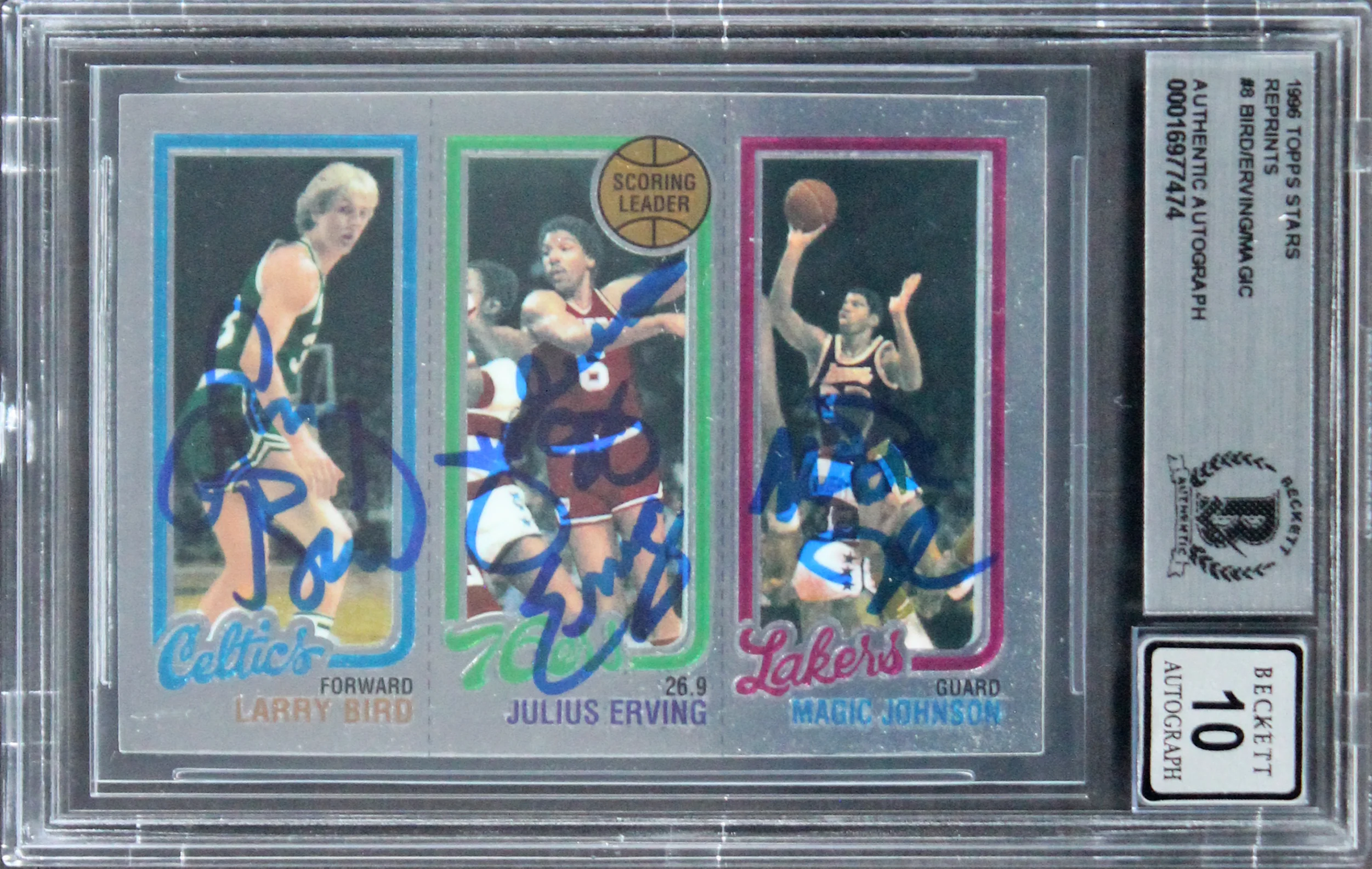 Bird, Erving & Magic Signed 1996 Topps Stars Reprints #8 Card Auto 10! BAS Slab - Image 2