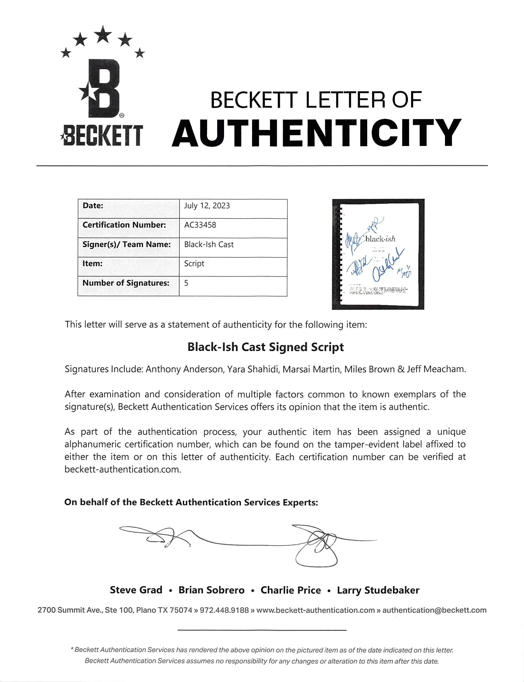 Black-ish Cast (5) Anderson, Shahidi, Martin +2 Signed Movie Script BAS #AC33458 - Image 3