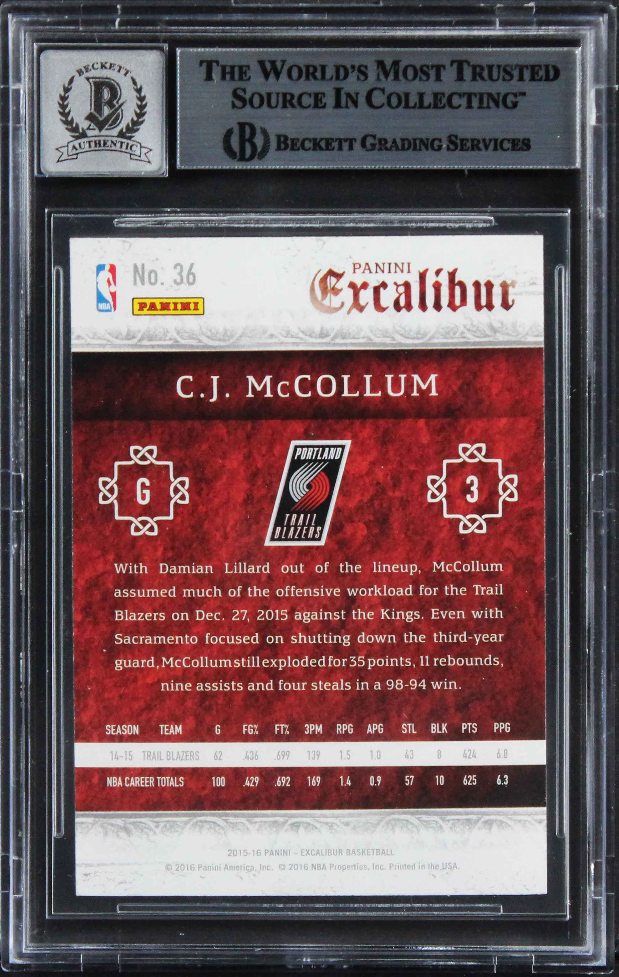 Blazers C.J. McCollum Signed 2015 Panini Excalibur #36 Card 10! BAS Slabbed - Image 3
