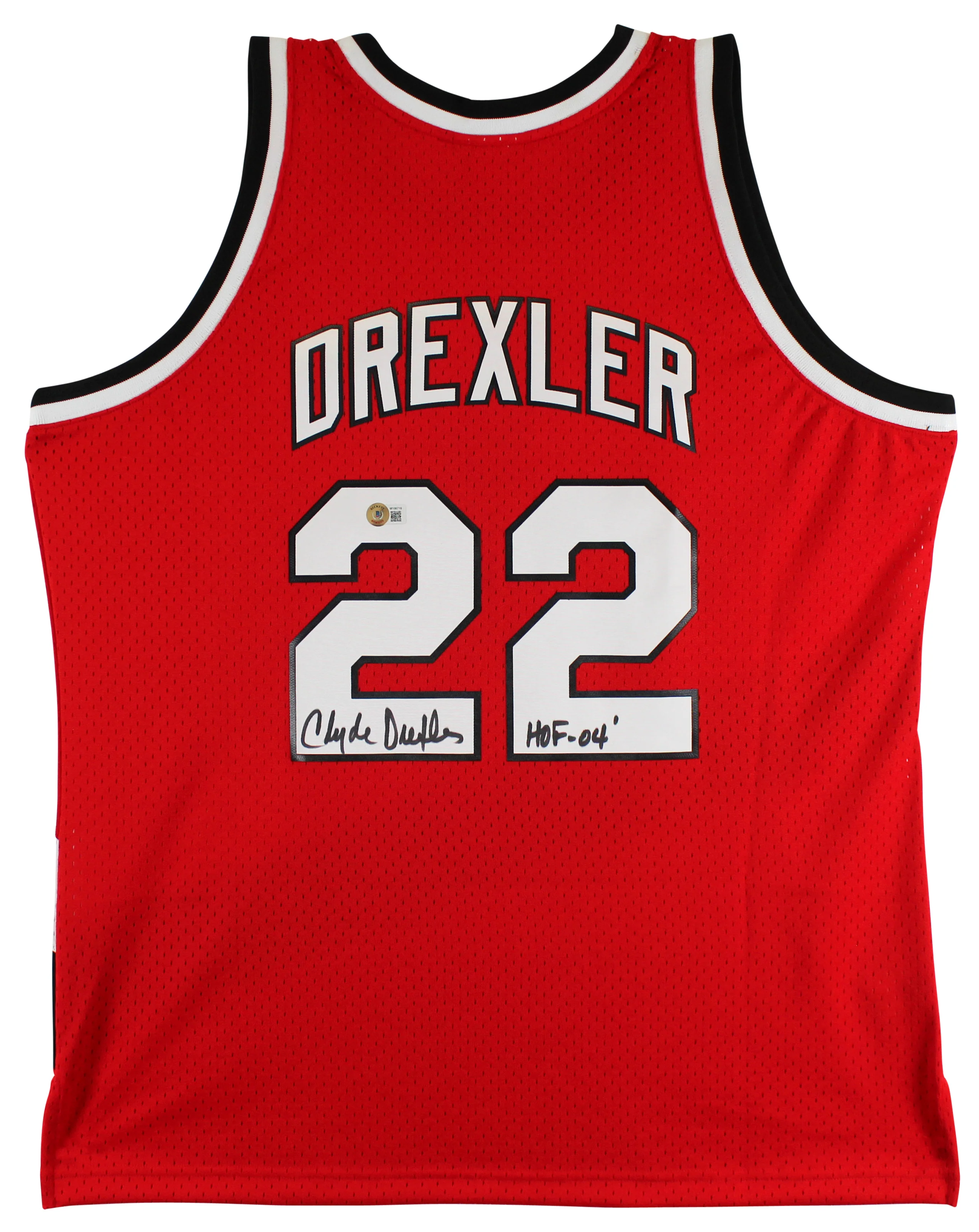 Blazers Clyde Drexler "HOF 04" Signed Red Mitchell & Ness Jersey BAS Witnessed - Image 2