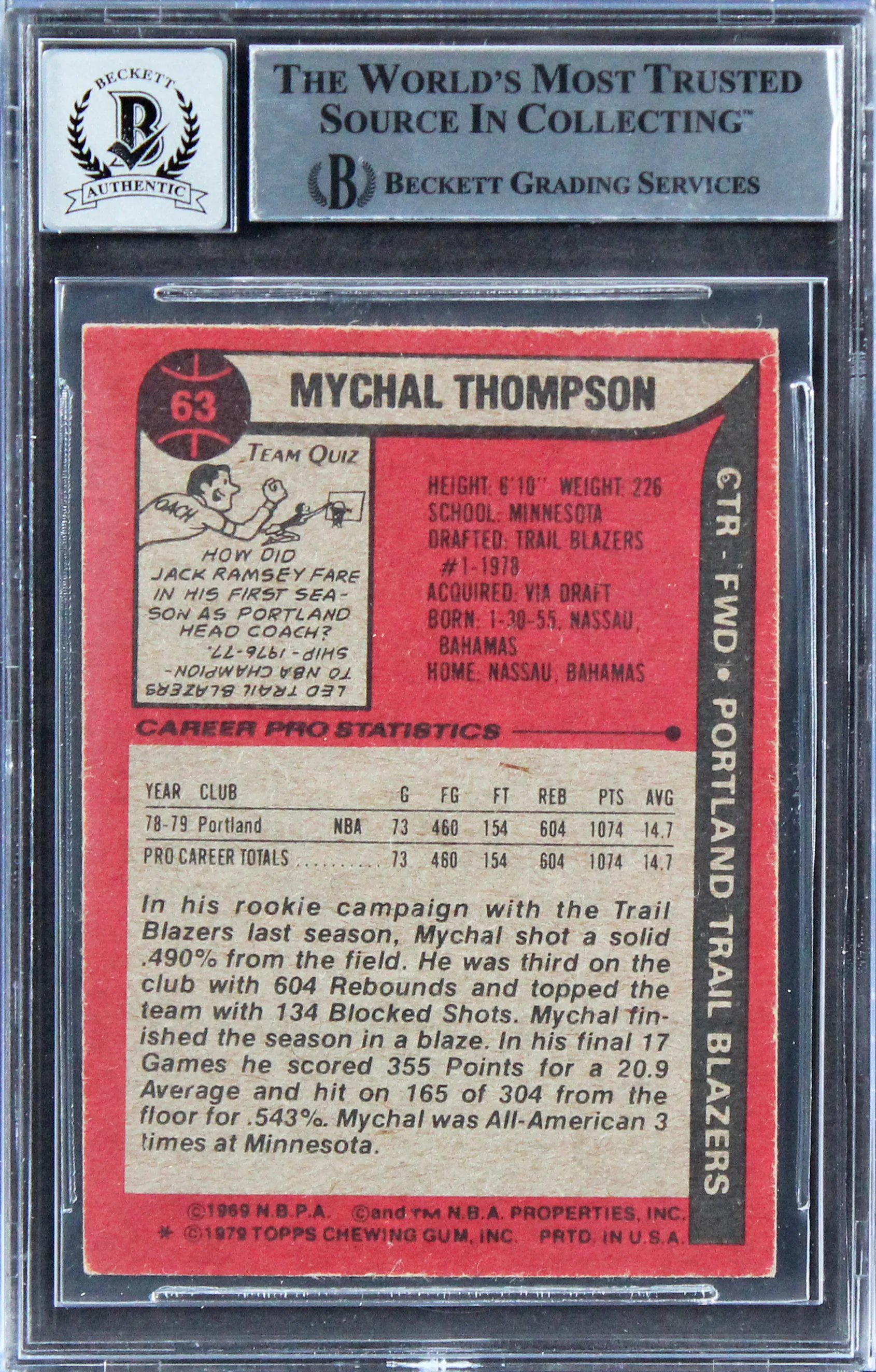 Blazers Mychal Thompson 1978 #1 Pick Signed 1979 Topps #63 Card Auto 10 BAS Slab - Image 3