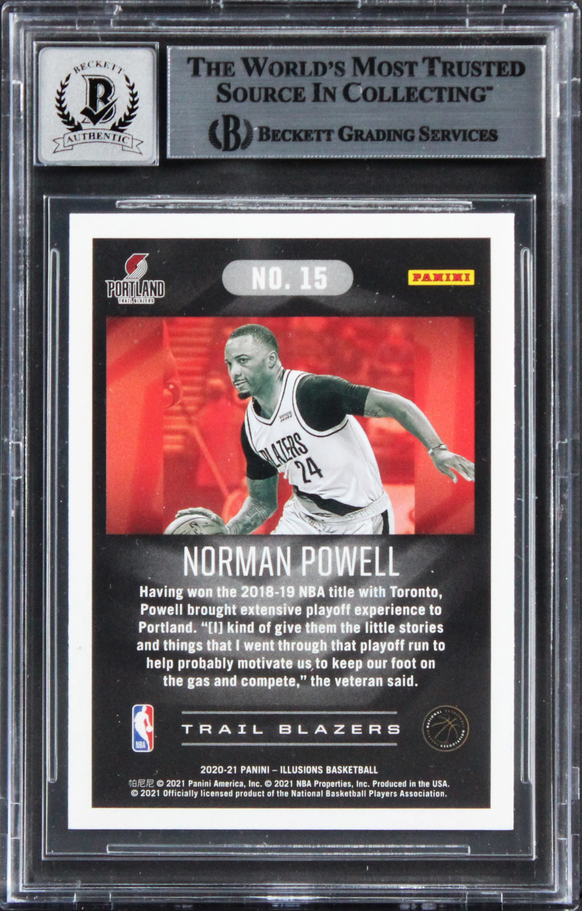 Blazers Norman Powell Signed 2020 Panini Illusions #15 Card Auto 10! BAS Slabbed - Image 3
