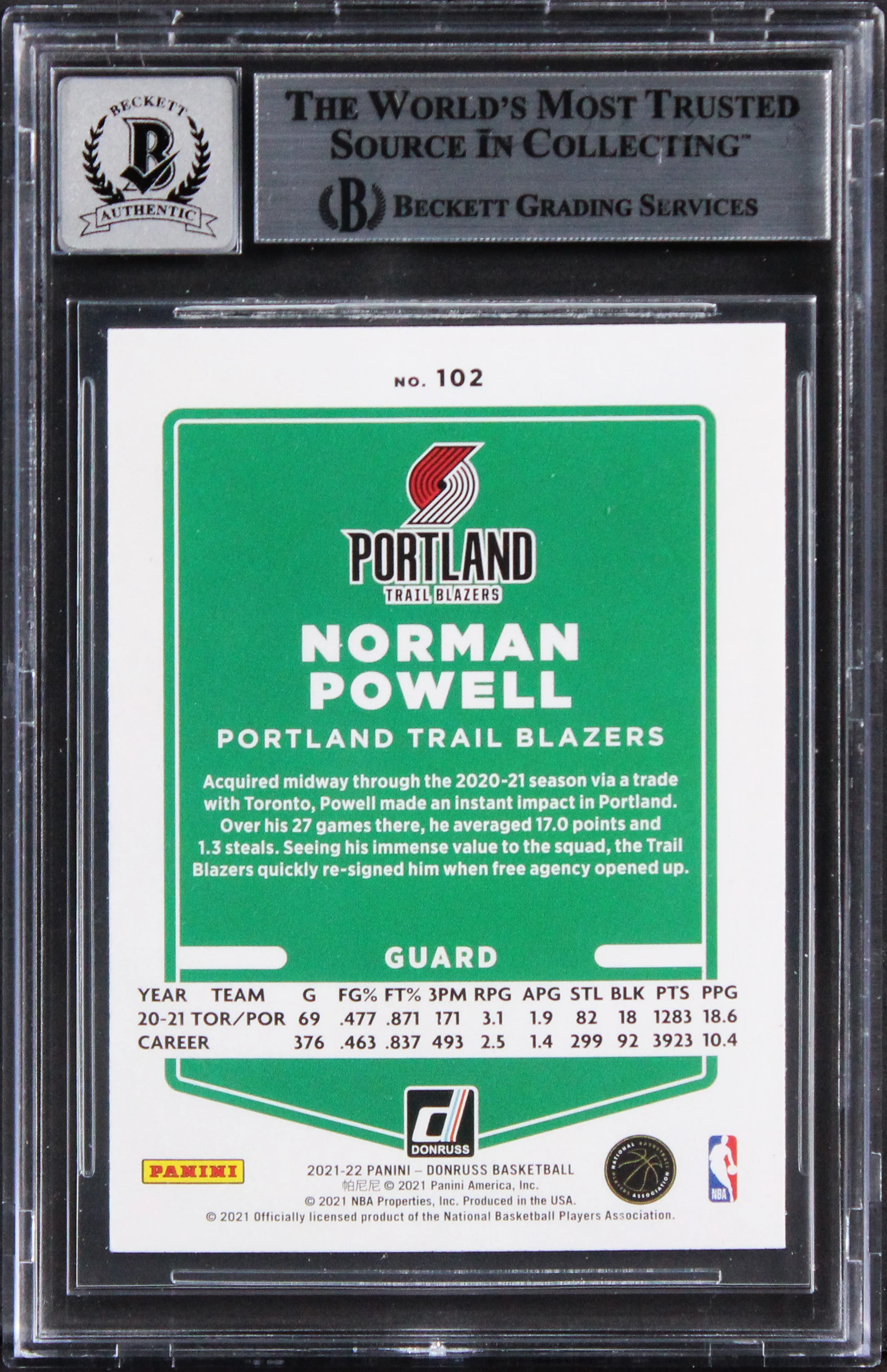 Blazers Norman Powell Signed 2021 Donruss Holo G&YL #102 Card Auto 10! BAS Slab - Image 3