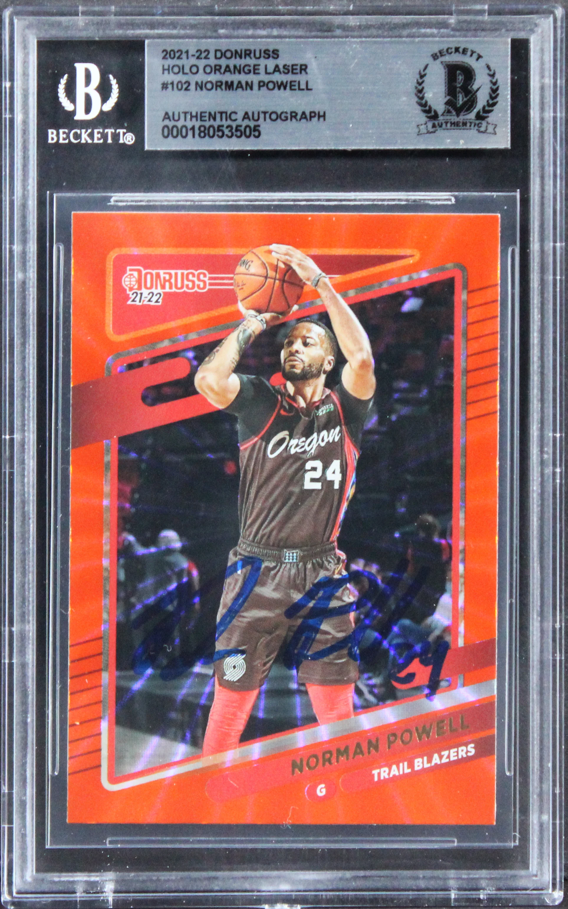 Blazers Norman Powell Signed 2021 Donruss Holo Org Laser #102 Card BAS Slabbed - Image 2