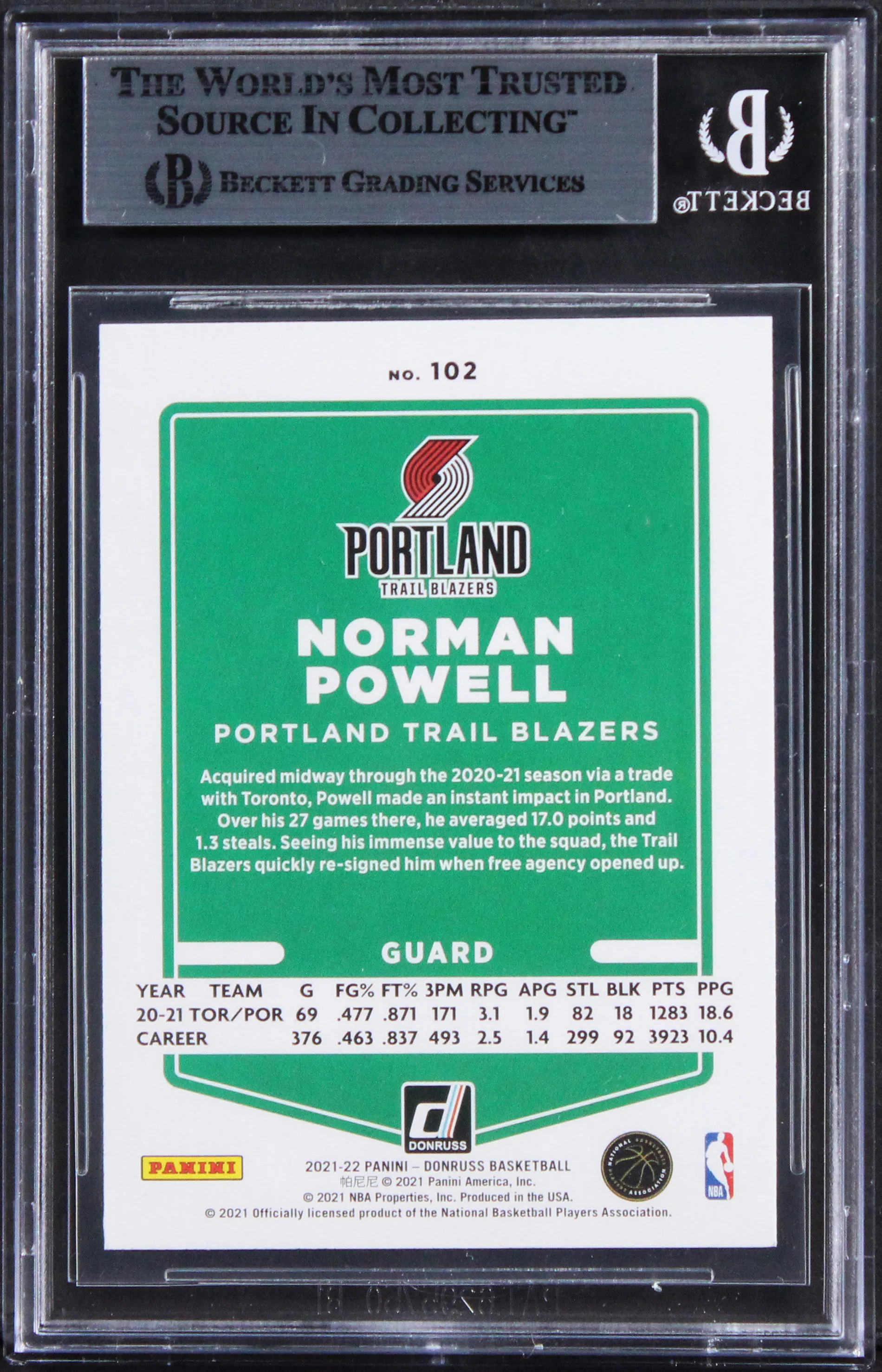 Blazers Norman Powell Signed 2021 Donruss Holo Org Laser #102 Card BAS Slabbed - Image 3