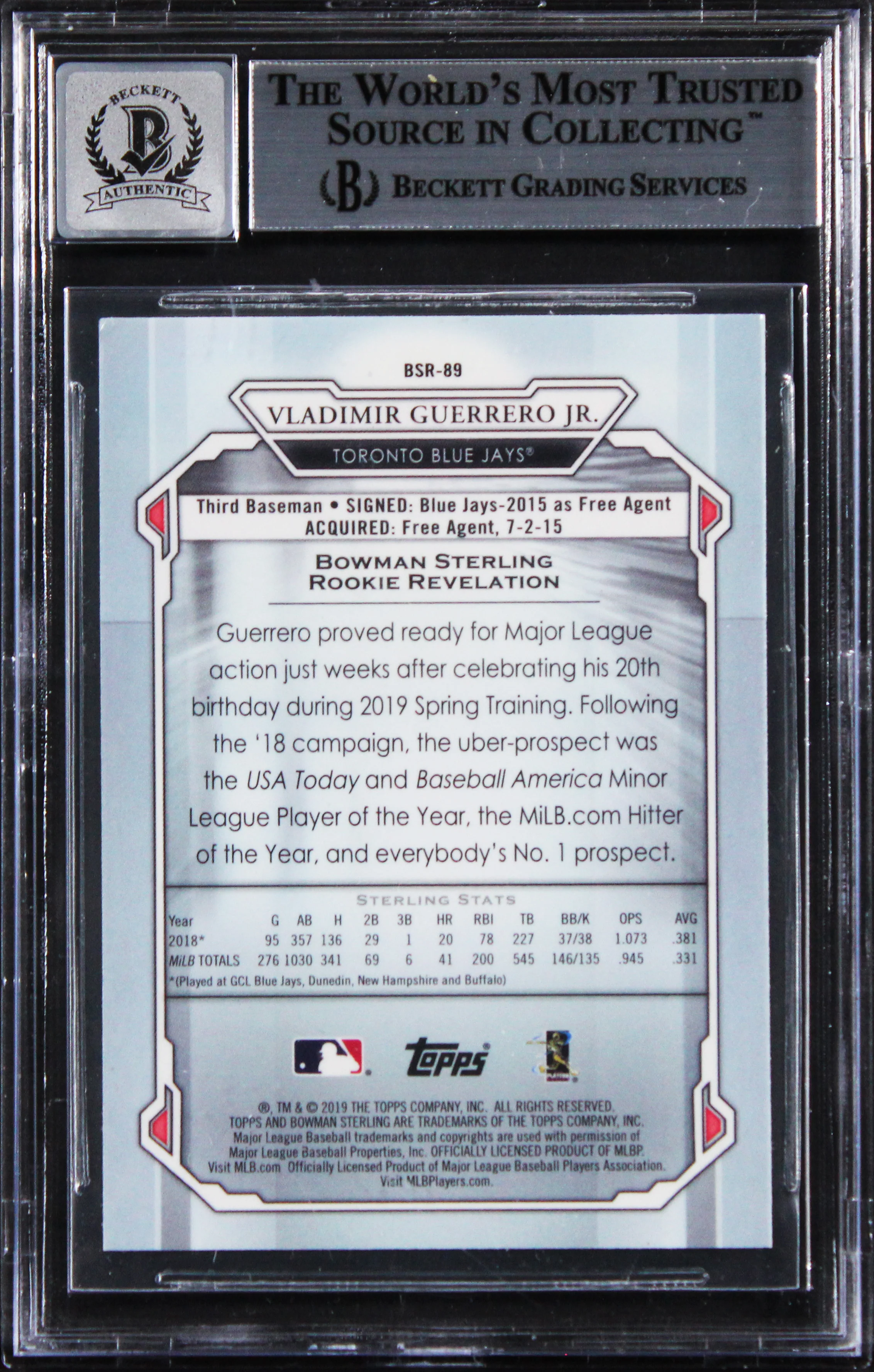 Blue Jays Vlad Guerrero Jr. Signed 2019 Bowman #BSR89 RC Card Auto 10! BAS Slab - Image 3