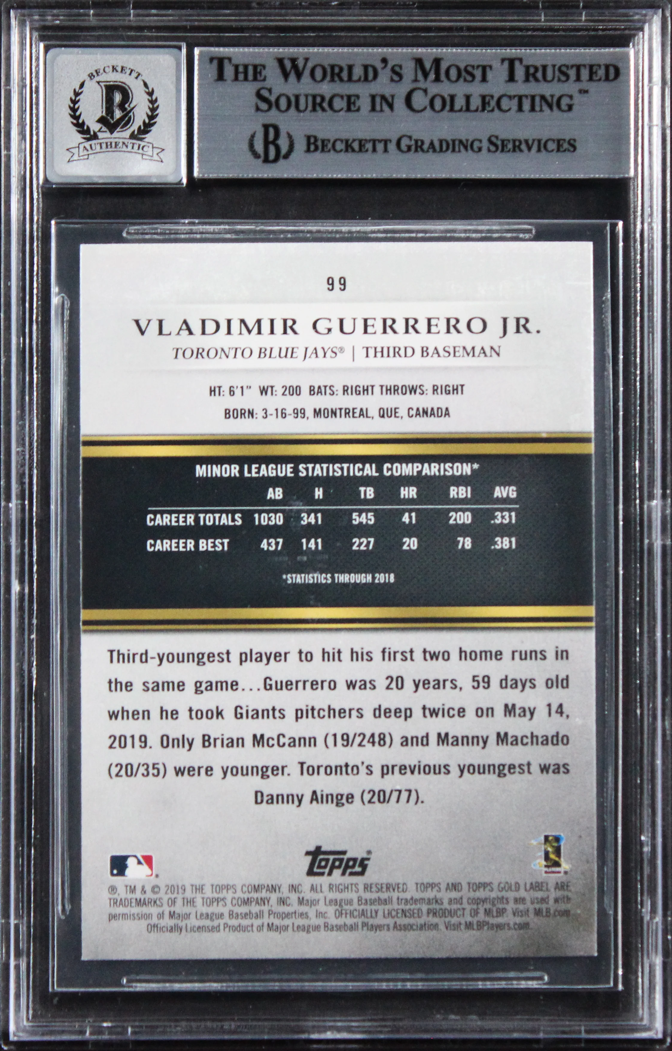 Blue Jays Vlad Guerrero Jr. Signed 2019 Topps #99 Rookie Card Auto 10! BAS Slab - Image 3