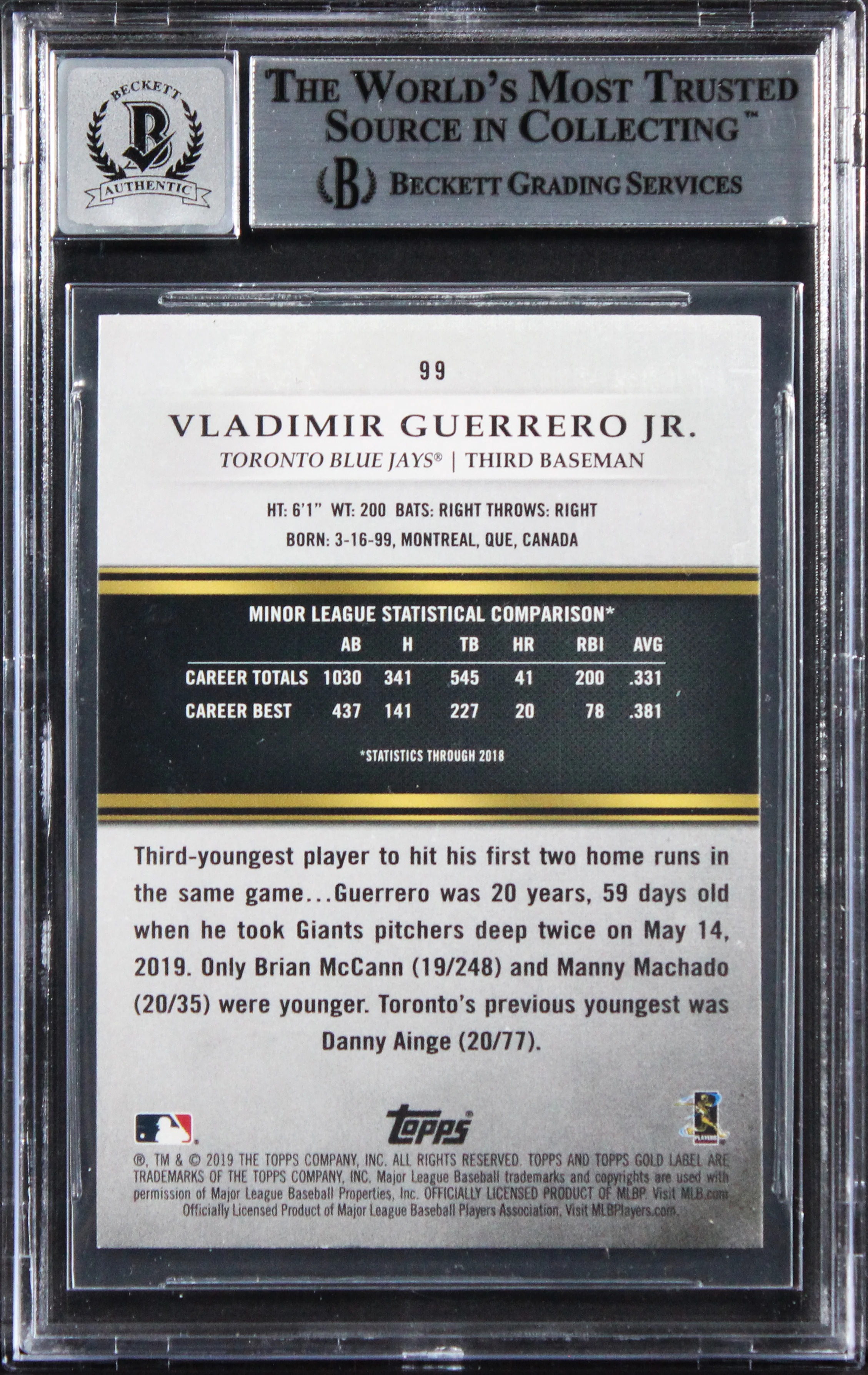 Blue Jays Vlad Guerrero Jr. Signed 2019 Topps Gold #99 RC Card Auto 10! BAS Slab - Image 3
