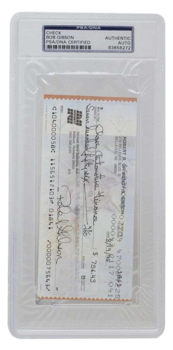 Bob Gibson Signed Slabbed Cardinals Bank Check #1841 PSA/DNA