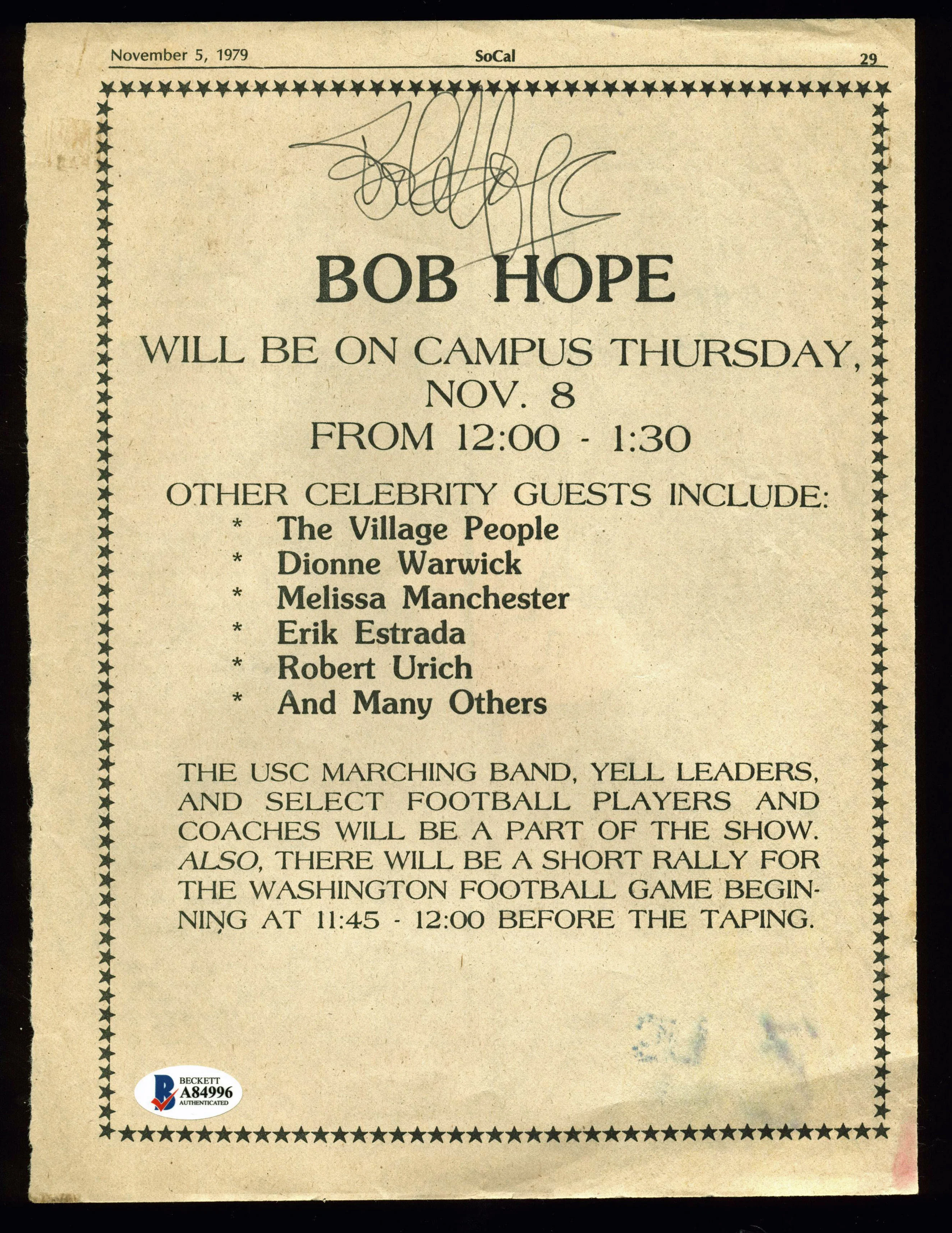 Bob Hope Authentic Signed 8.25x11 USC Campus Visit Flyer BAS #A84996 - Image 2