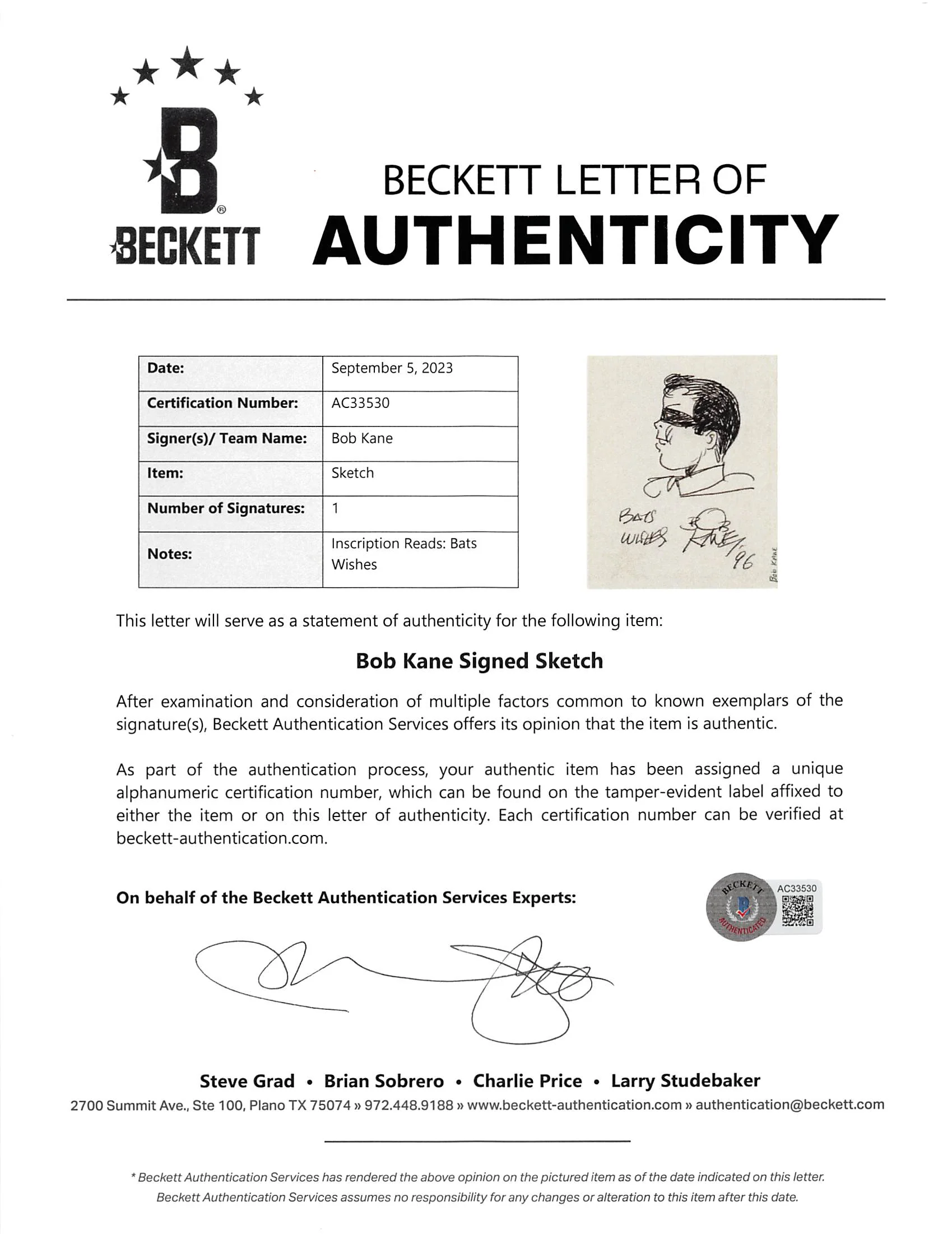Bob Kane Bats Wishes '96 Authentic Signed 3x4 Robin Sketch BAS #AC33530 - Image 3