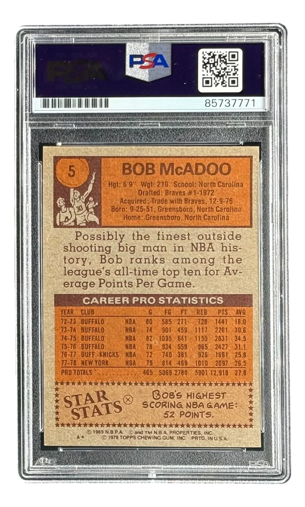 Bob McAdoo Signed 1978/79 Topps #5 Knicks Trading Card HOF 2000 PSA/DNA - Image 2