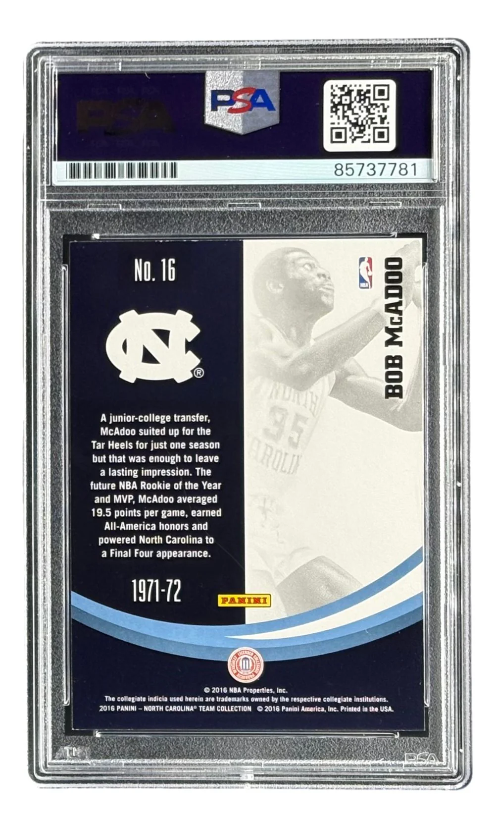 Bob McAdoo Signed 2016 Panini #16 North Carolina Trading Card PSA/DNA - Image 2