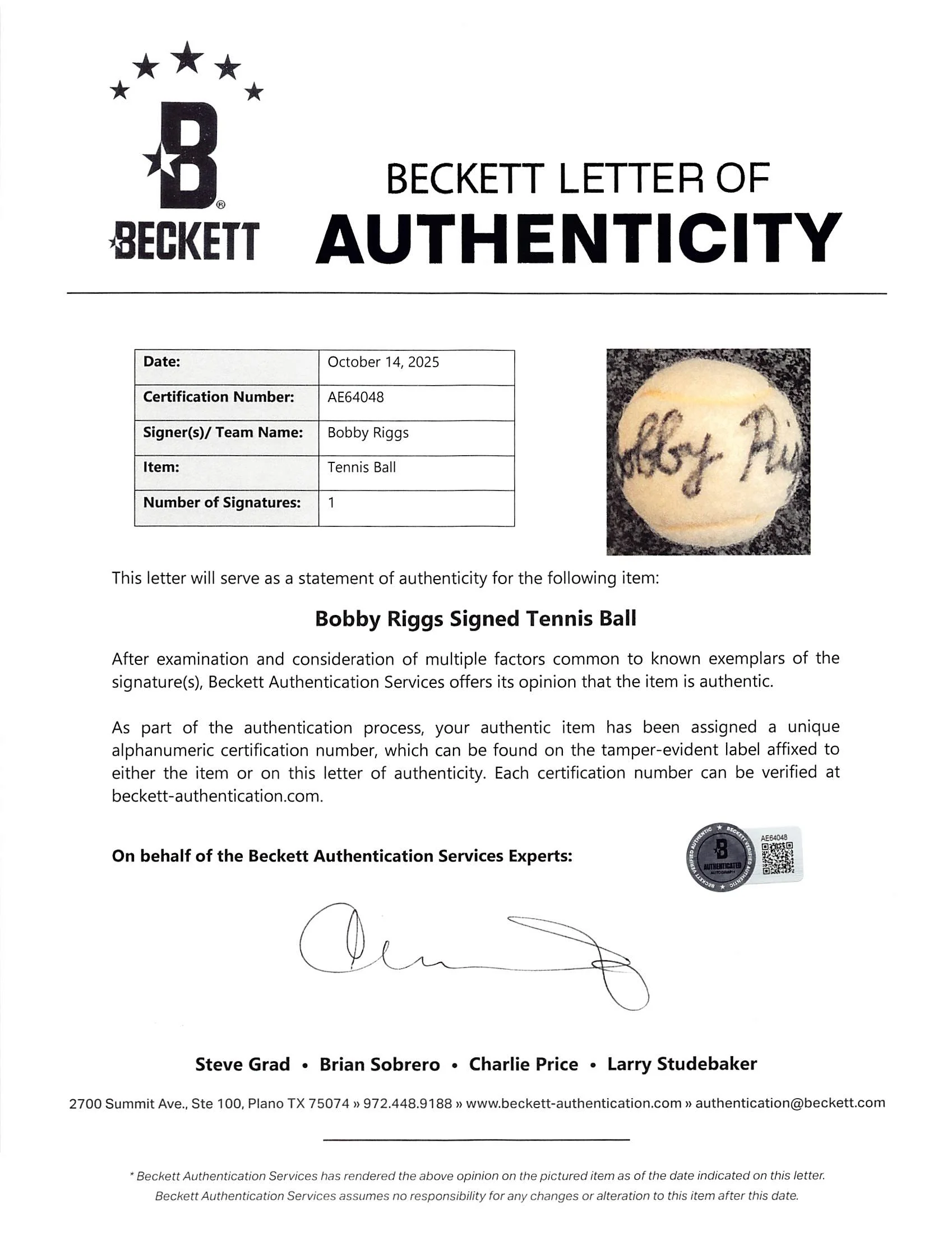 Bobby Riggs Authentic Signed Slazenger Tennis Ball Autographed BAS #AE64048 - Image 6