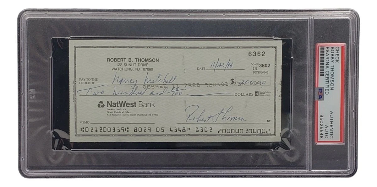 Bobby Thomson New York Giants Signed Bank Check PSA/DNA 85025548 - Image 3