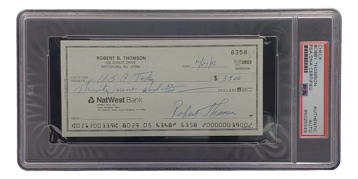 Bobby Thomson New York Giants Signed Bank Check PSA/DNA 85025549 - Image 3