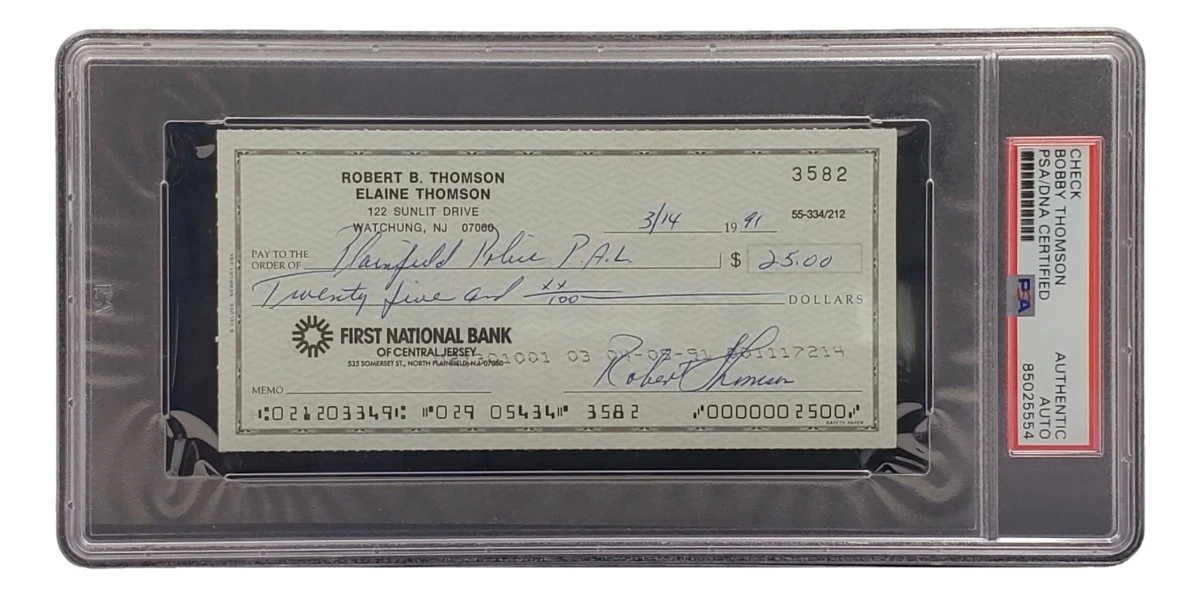 Bobby Thomson New York Giants Signed Bank Check PSA/DNA 85025554 - Image 3