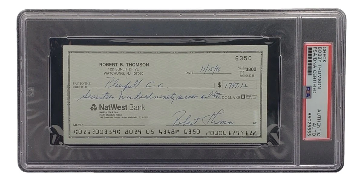 Bobby Thomson New York Giants Signed Bank Check PSA/DNA 85025555