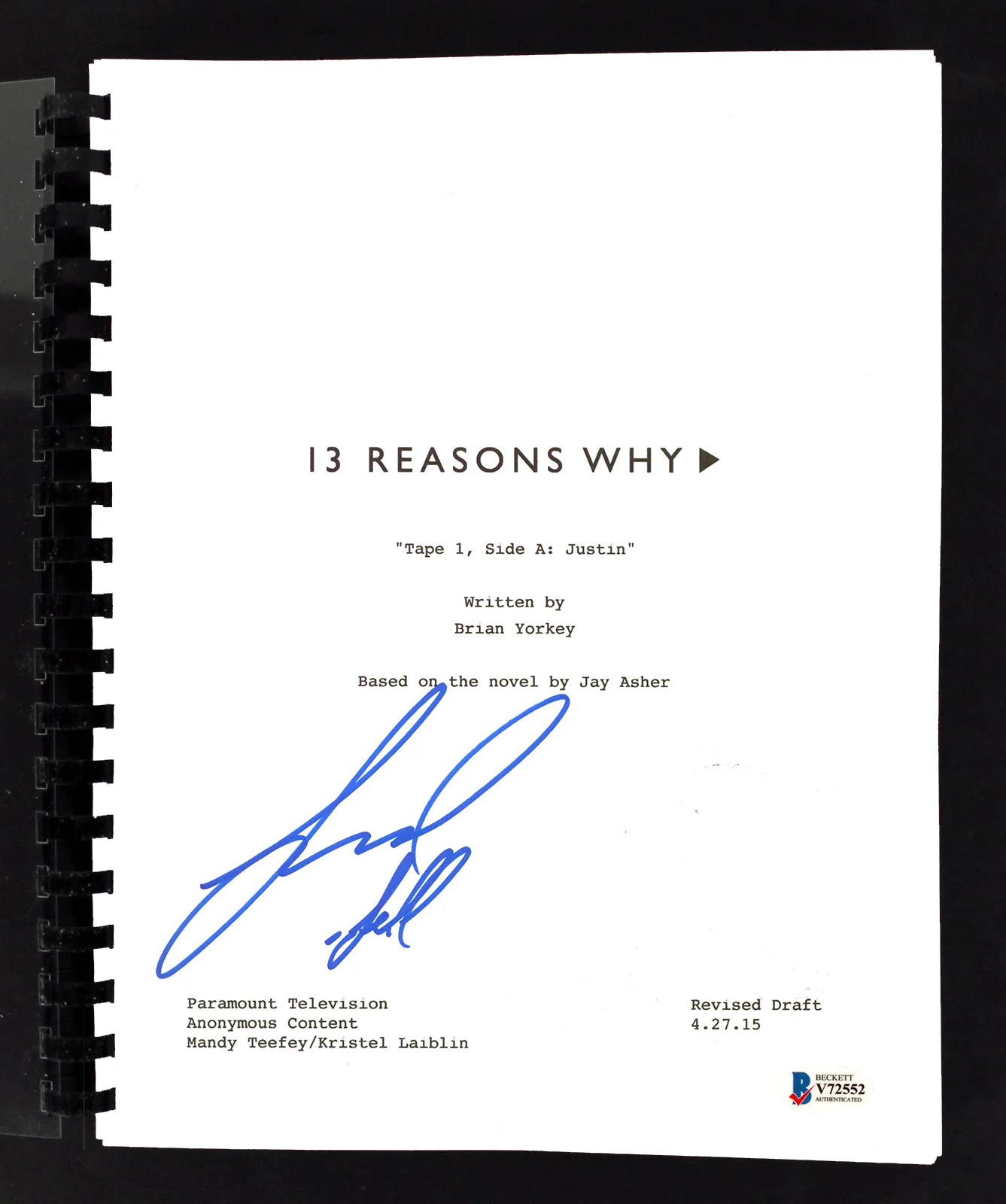 Brandon Larracuente "Jeff" Signed 13 Reasons Why Pilot Tv Script BAS #V72552