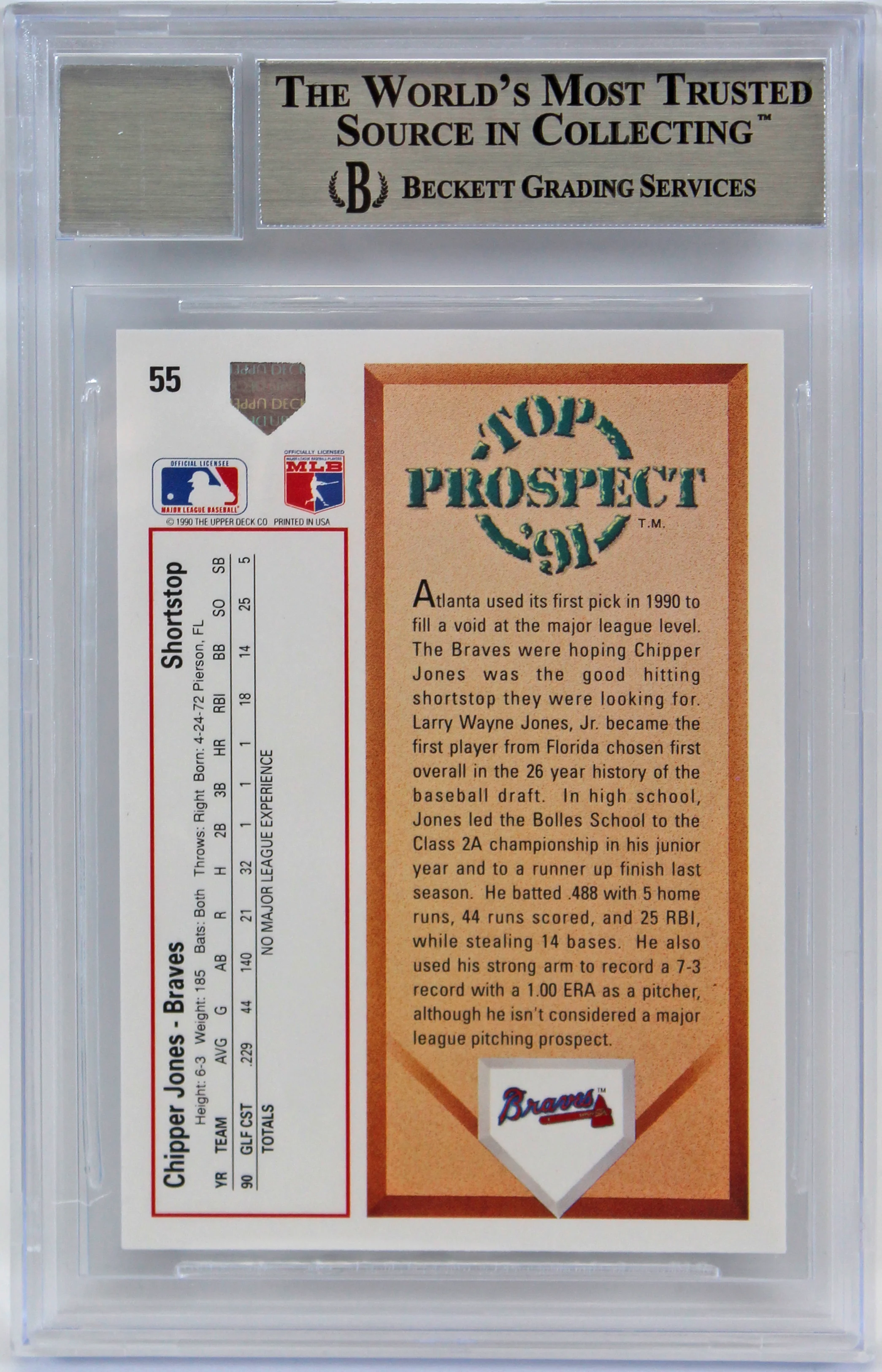 Braves Chipper Jones Signed 1991 UD #55 Card Auto Graded Gem 10! BAS Slabbed - Image 3