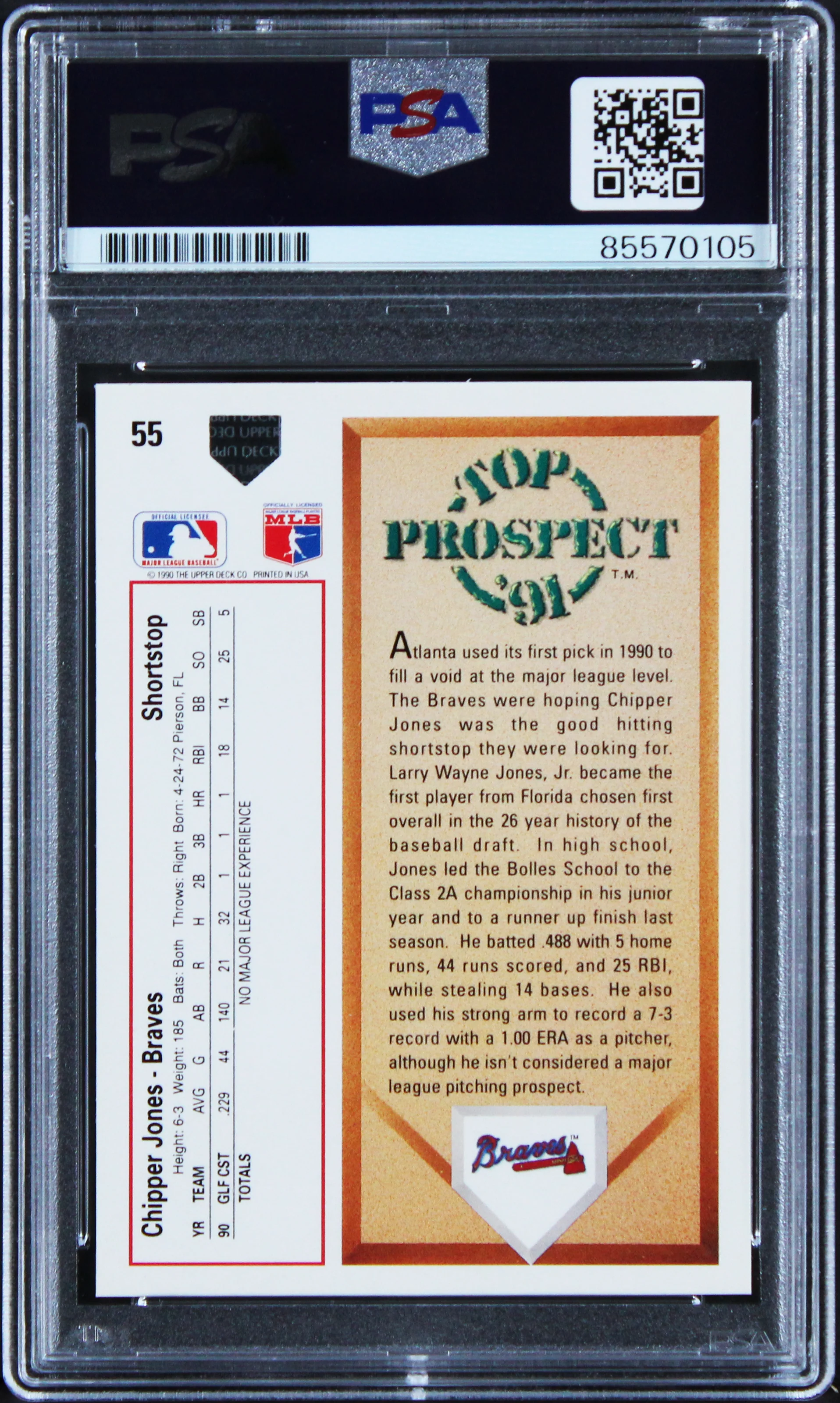 Braves Chipper Jones Signed 1991 Upper Deck #55 RC Card Auto 10! PSA/DNA Slabbed - Image 3